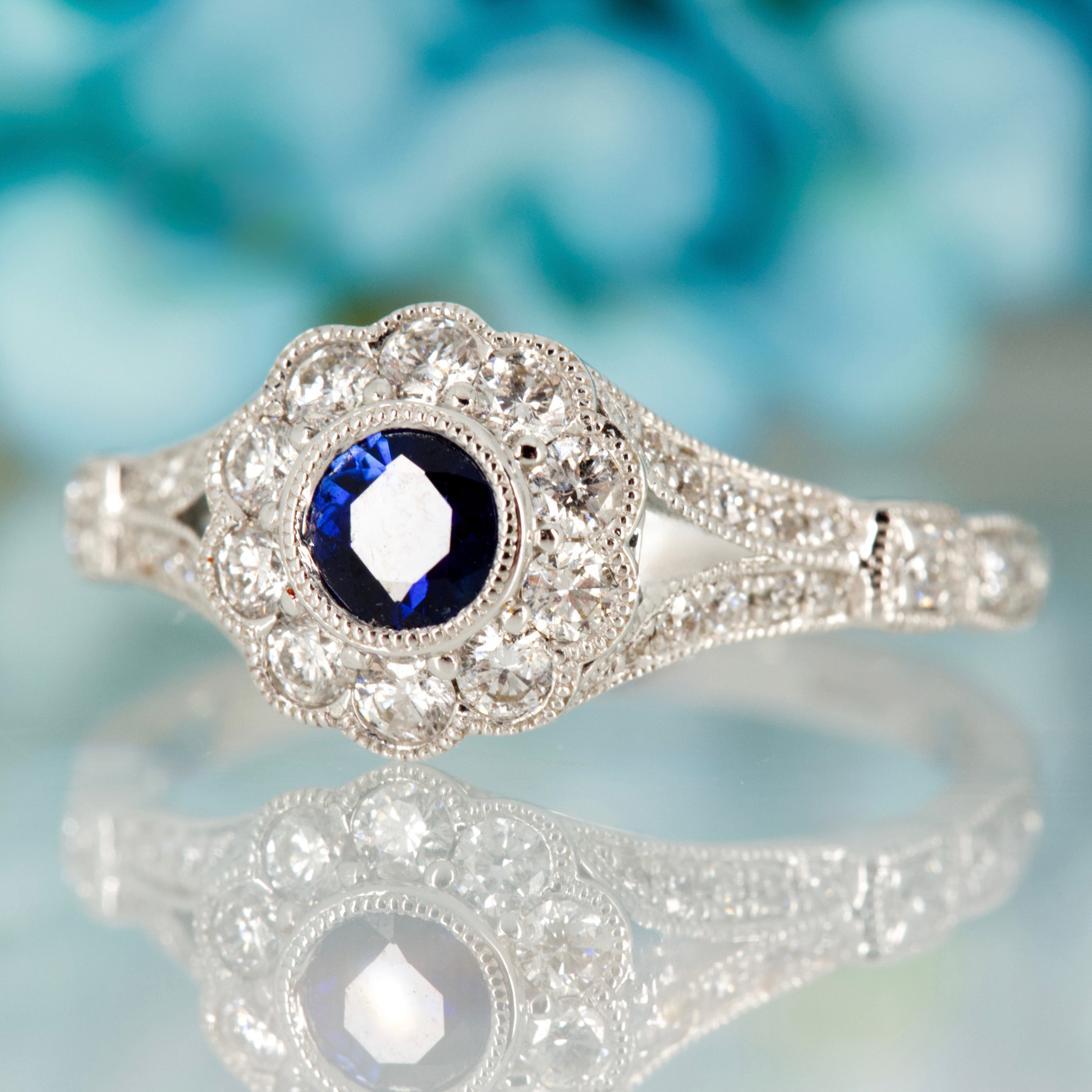 18ct White Gold Round Cut Sapphire & Diamond Flower Cluster Ring