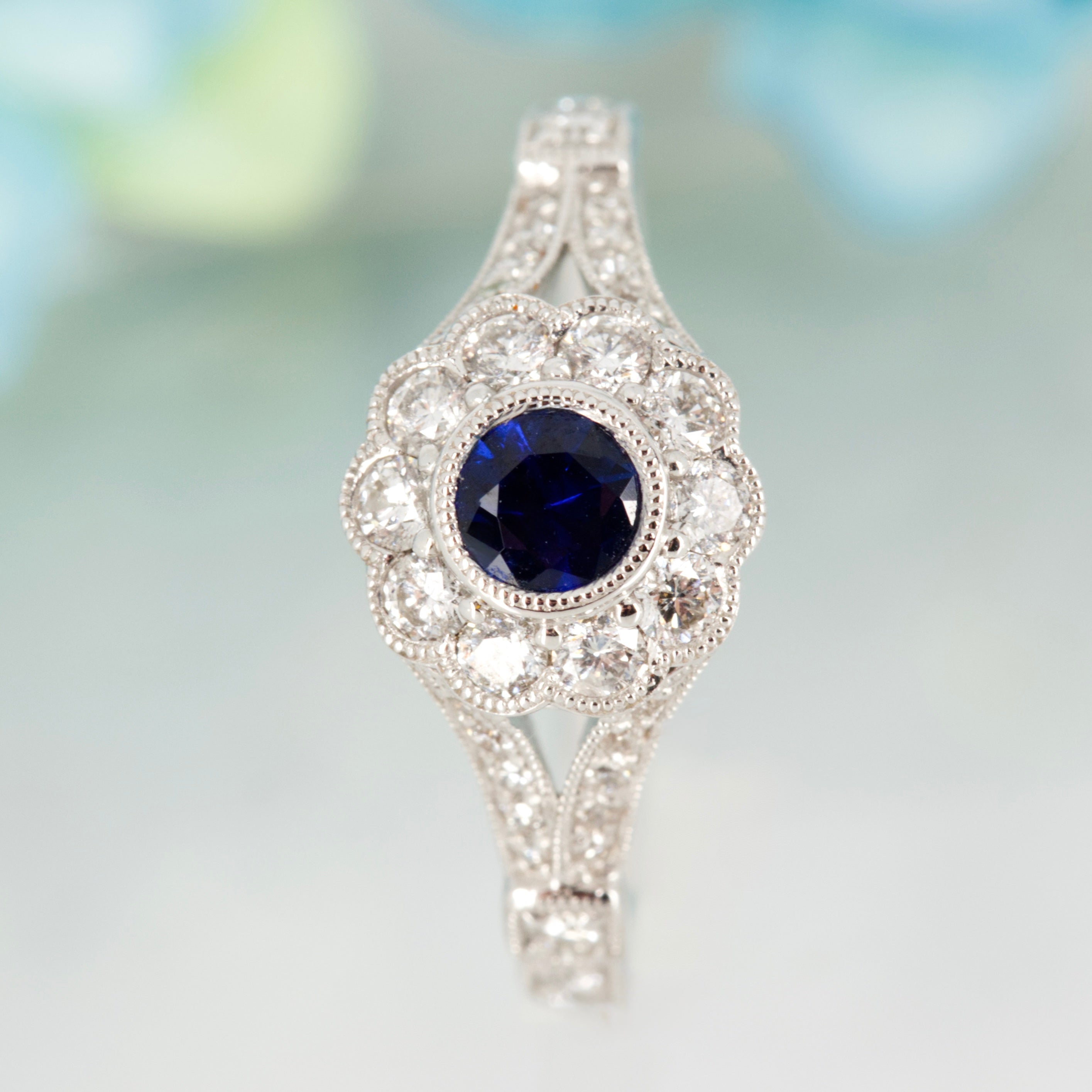 18ct White Gold Round Cut Sapphire & Diamond Flower Cluster Ring