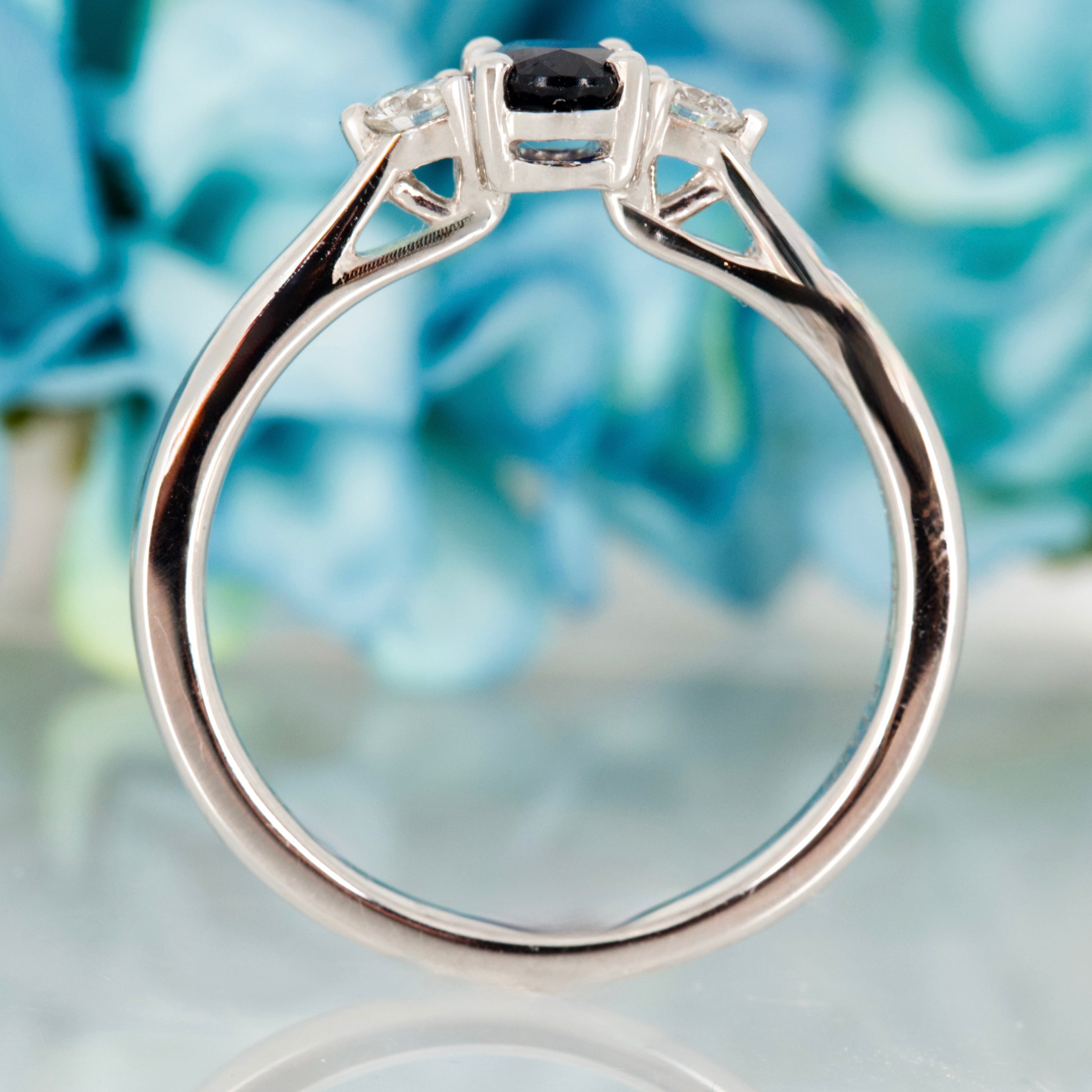 Platinum Oval Cut Sapphire & Round Brilliant Cut Diamond Trilogy Ring