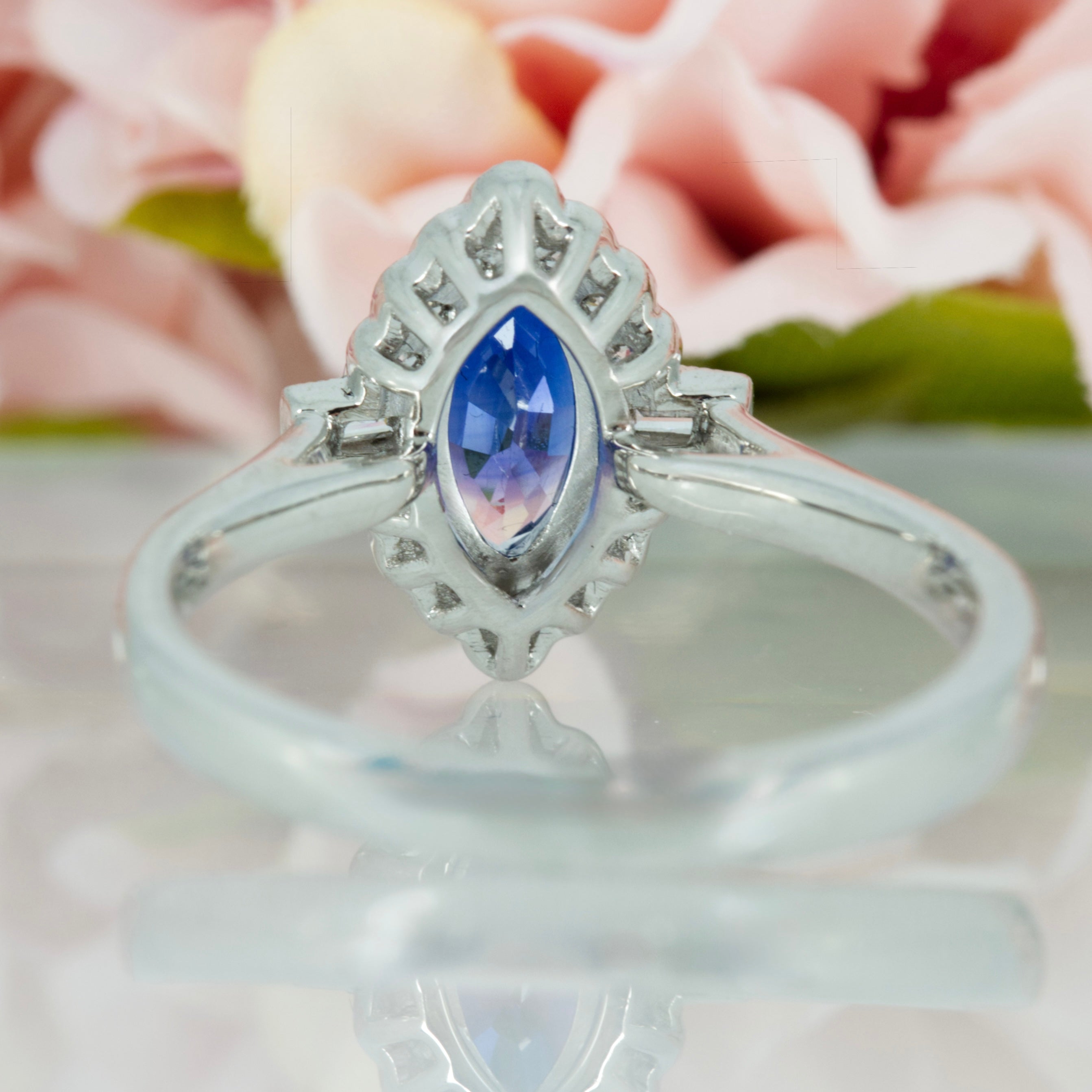 Platinum Marquise Cut Sapphire & Baguette and Round Brilliant Cut Diamond Cluster Ring