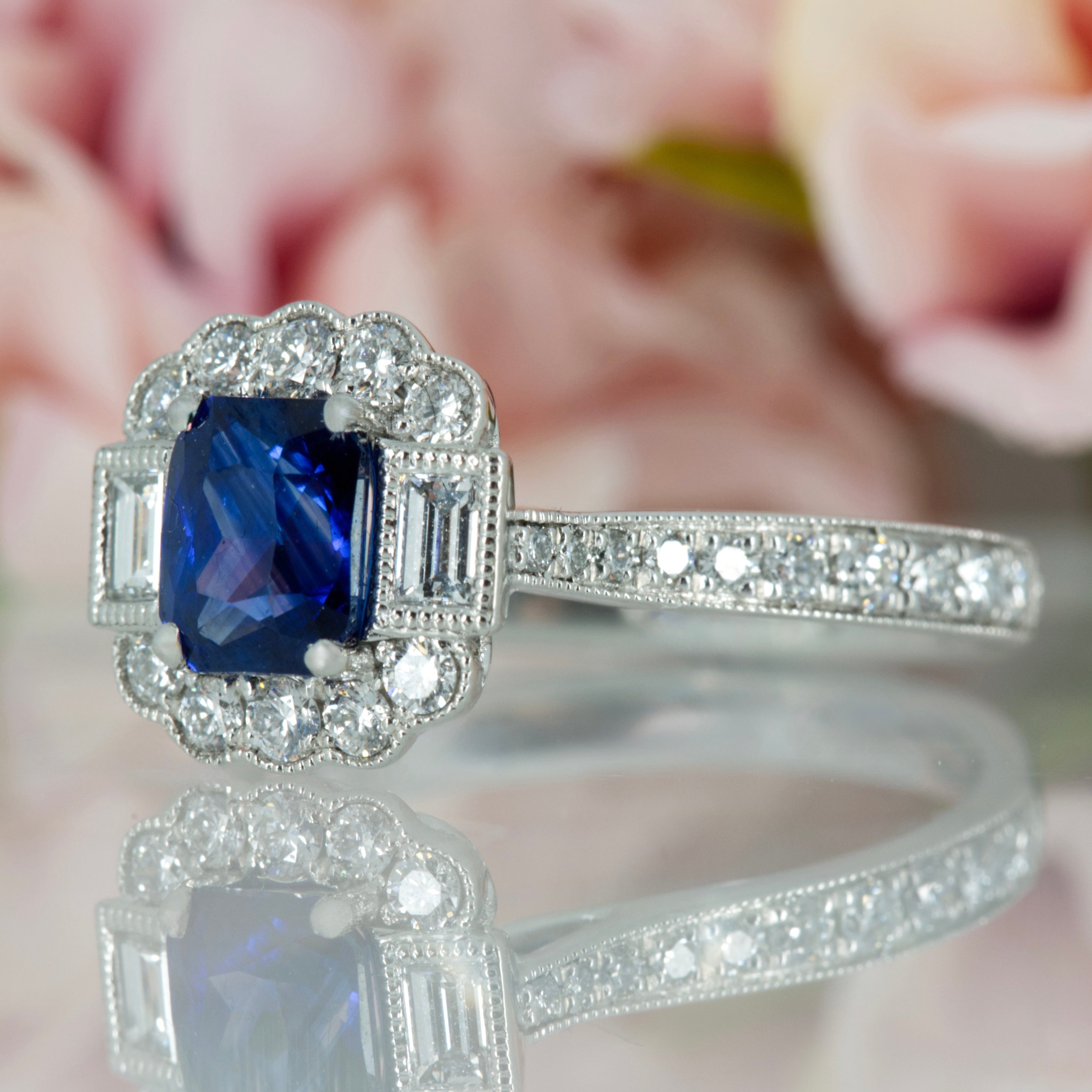 Platinum Octagonal Cut Sapphire & Baguette and Round Brilliant Cut Diamond Cluster Ring