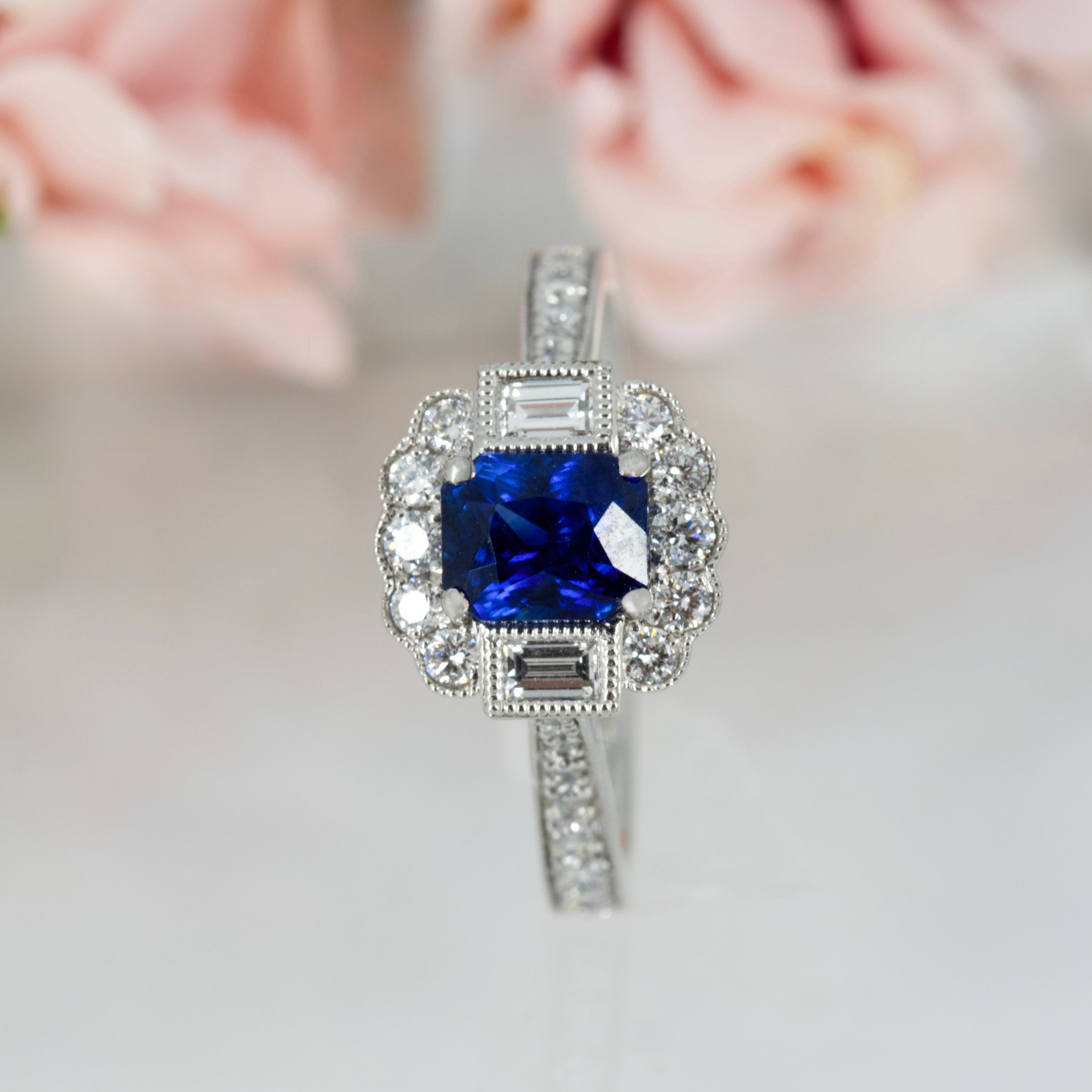 Platinum Octagonal Cut Sapphire & Baguette and Round Brilliant Cut Diamond Cluster Ring