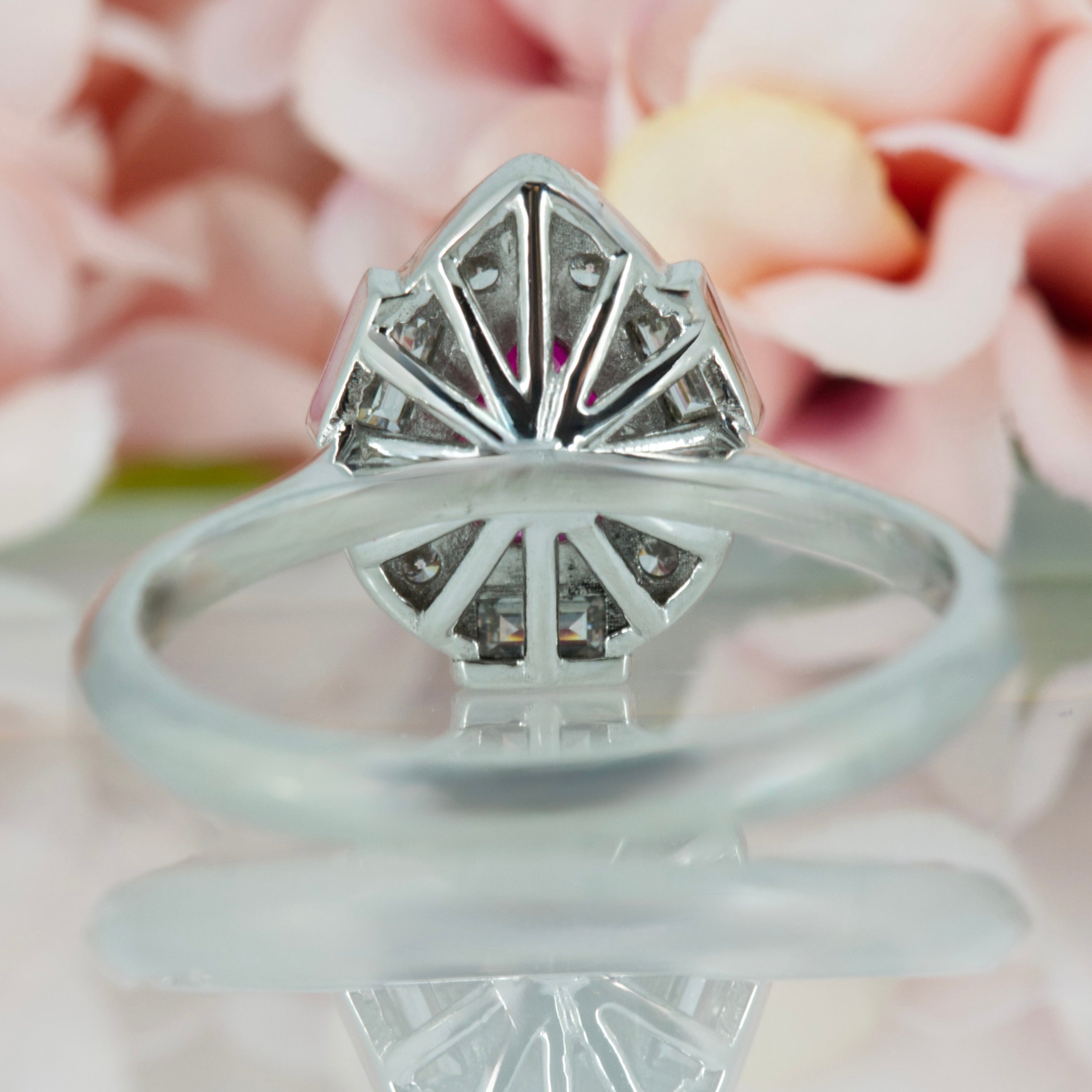 Platinum Pear Cut Ruby & Baguette and Round Brilliant Cut Diamond Cluster Ring