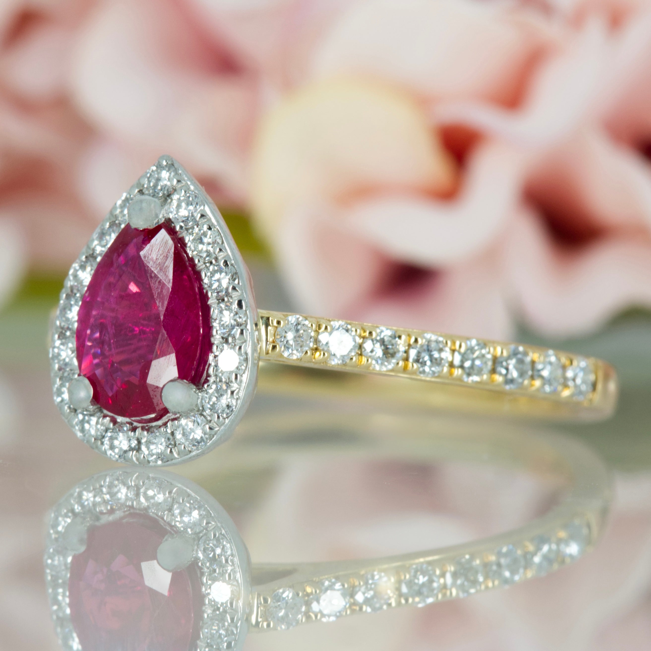 18ct Yellow Gold & Platinum Pear Cut Ruby & Round Brilliant Cut Diamond Halo Cluster Ring