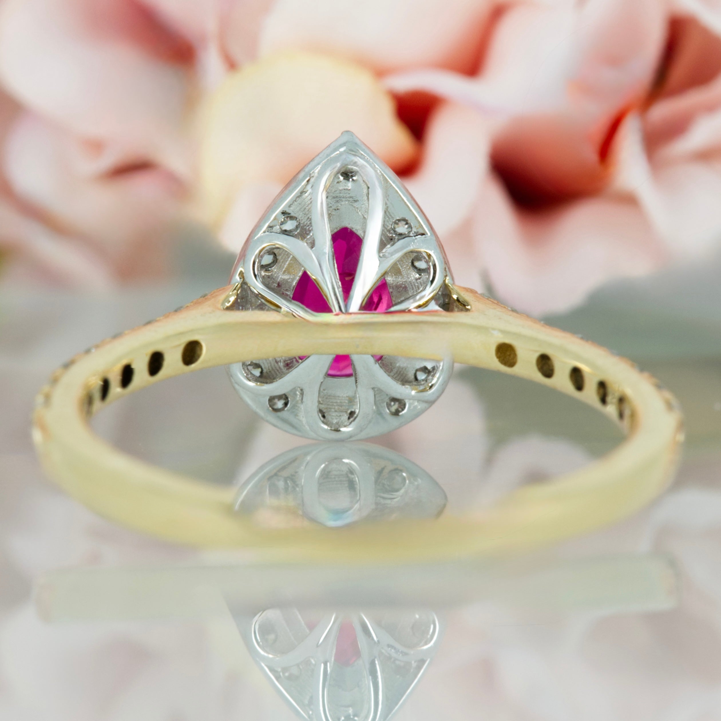 18ct Yellow Gold & Platinum Pear Cut Ruby & Round Brilliant Cut Diamond Halo Cluster Ring