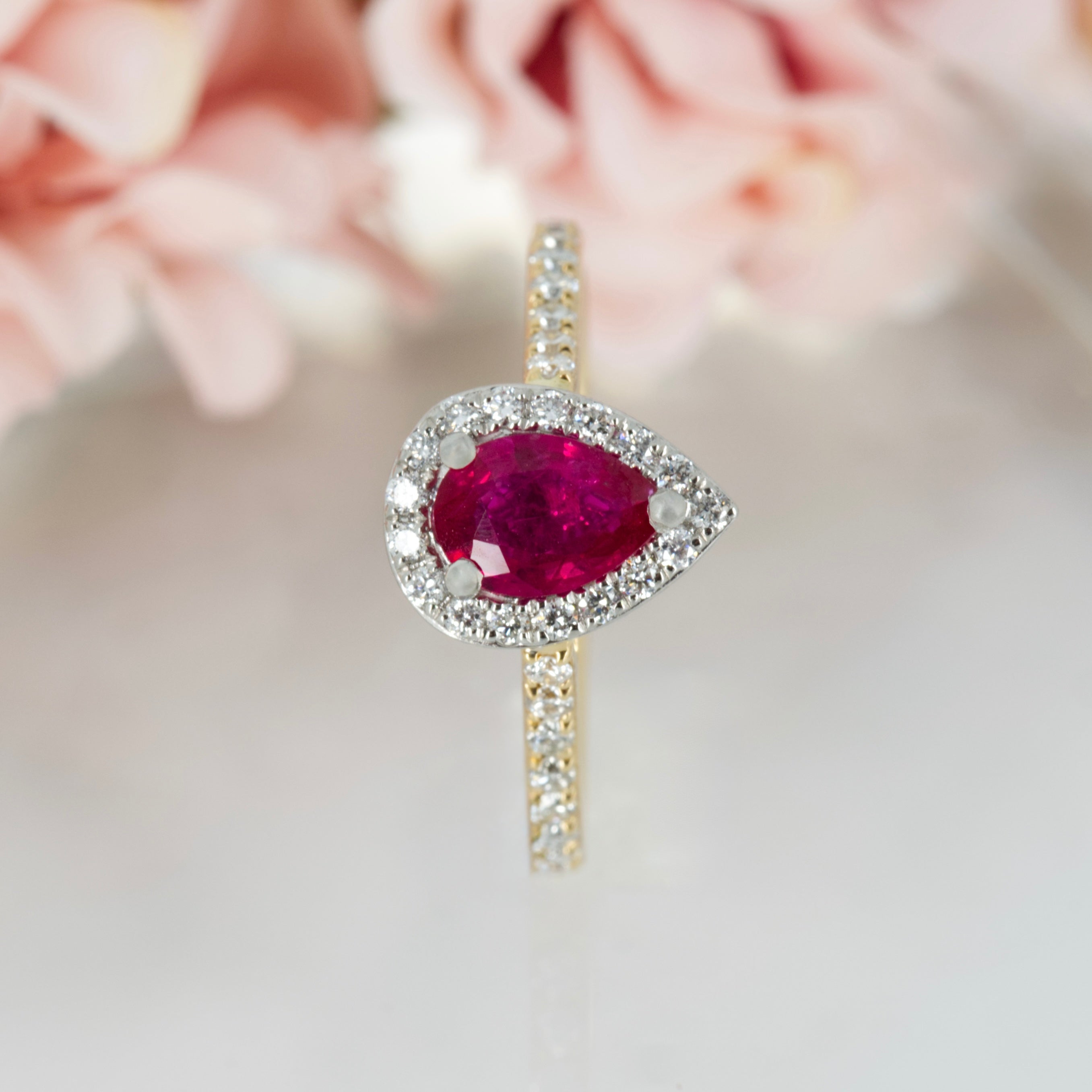 18ct Yellow Gold & Platinum Pear Cut Ruby & Round Brilliant Cut Diamond Halo Cluster Ring