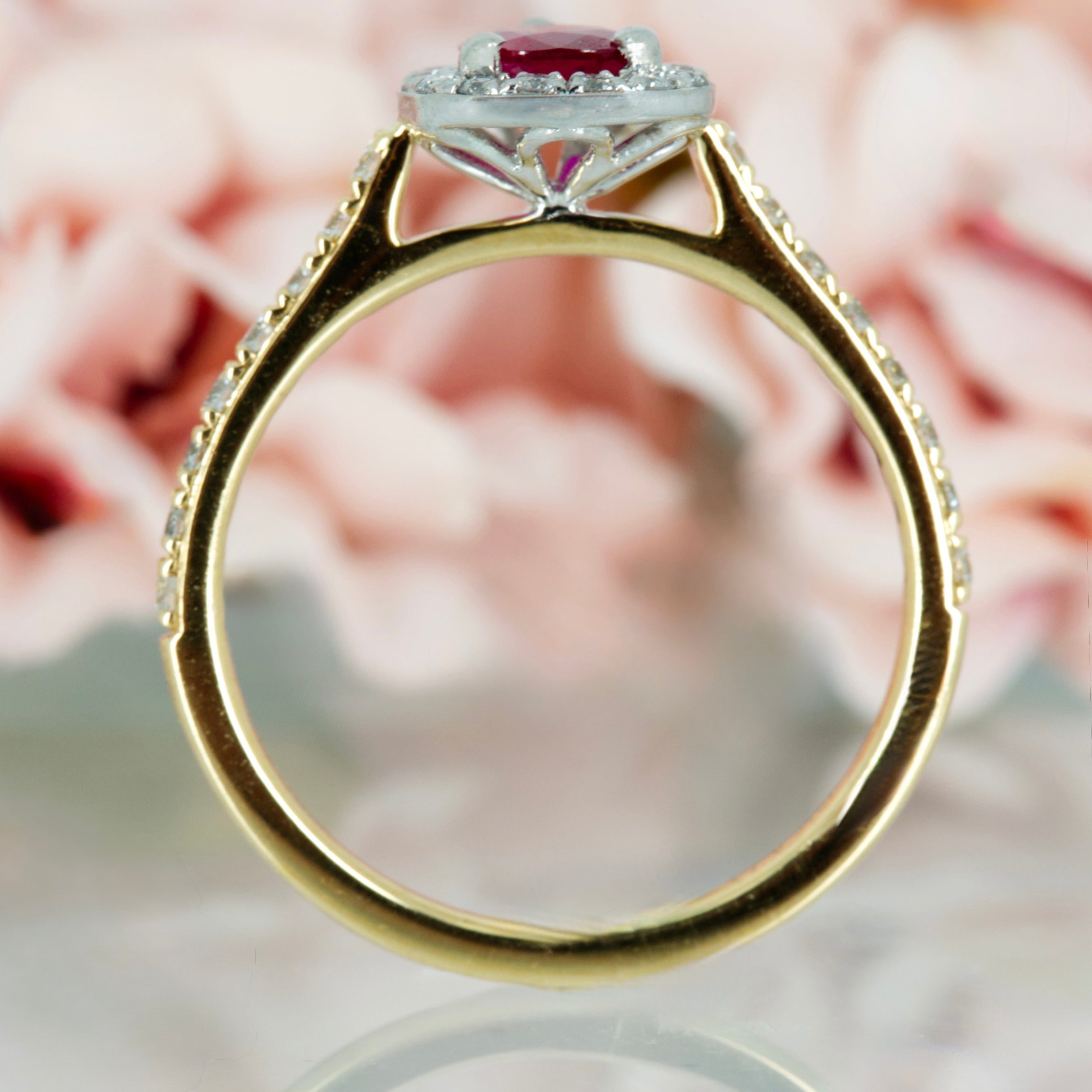 18ct Yellow Gold & Platinum Pear Cut Ruby & Round Brilliant Cut Diamond Halo Cluster Ring