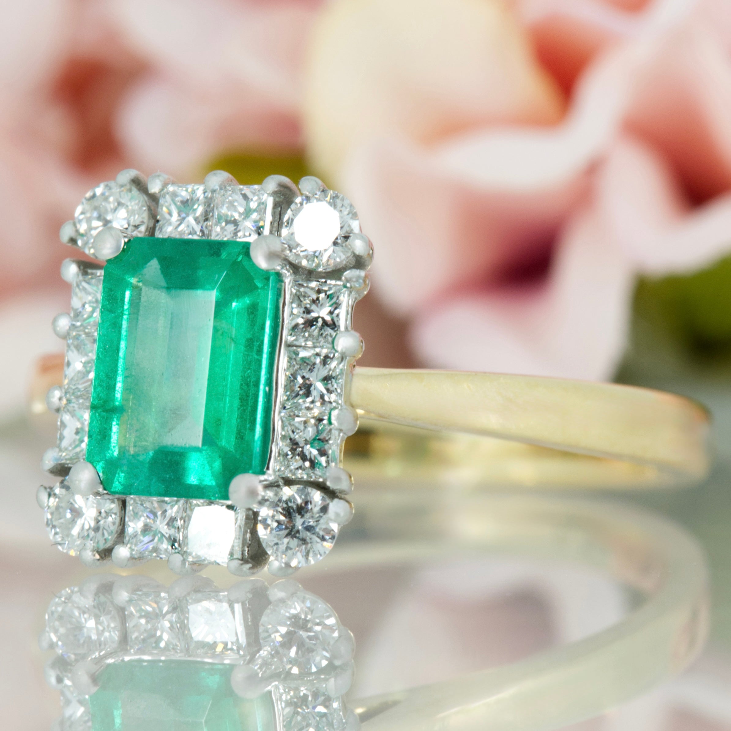18ct Yellow Gold & Platinum Octagonal Cut Emerald & Princess and Round Brilliant Cut Diamond Cluster Ring