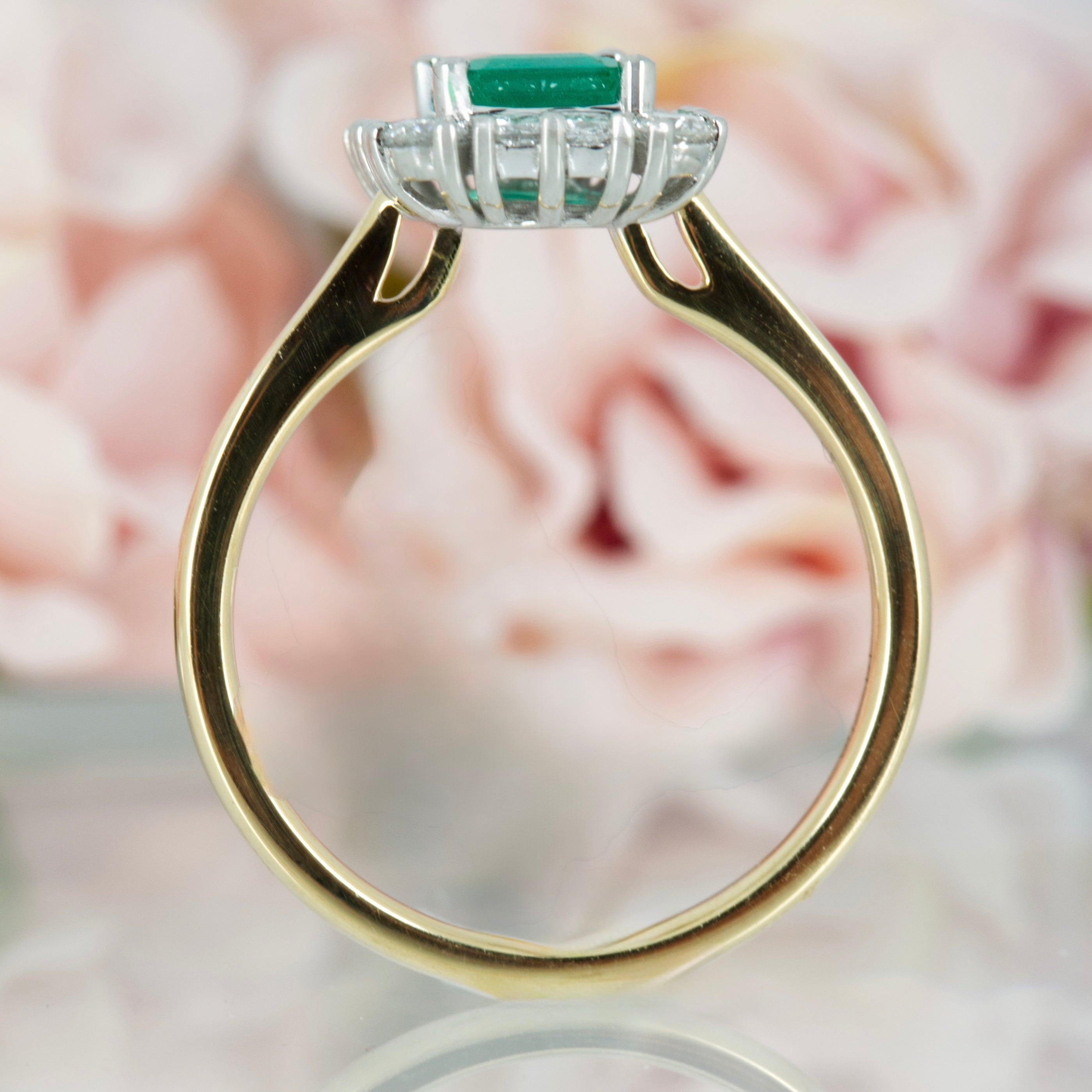 18ct Yellow Gold & Platinum Octagonal Cut Emerald & Princess and Round Brilliant Cut Diamond Cluster Ring