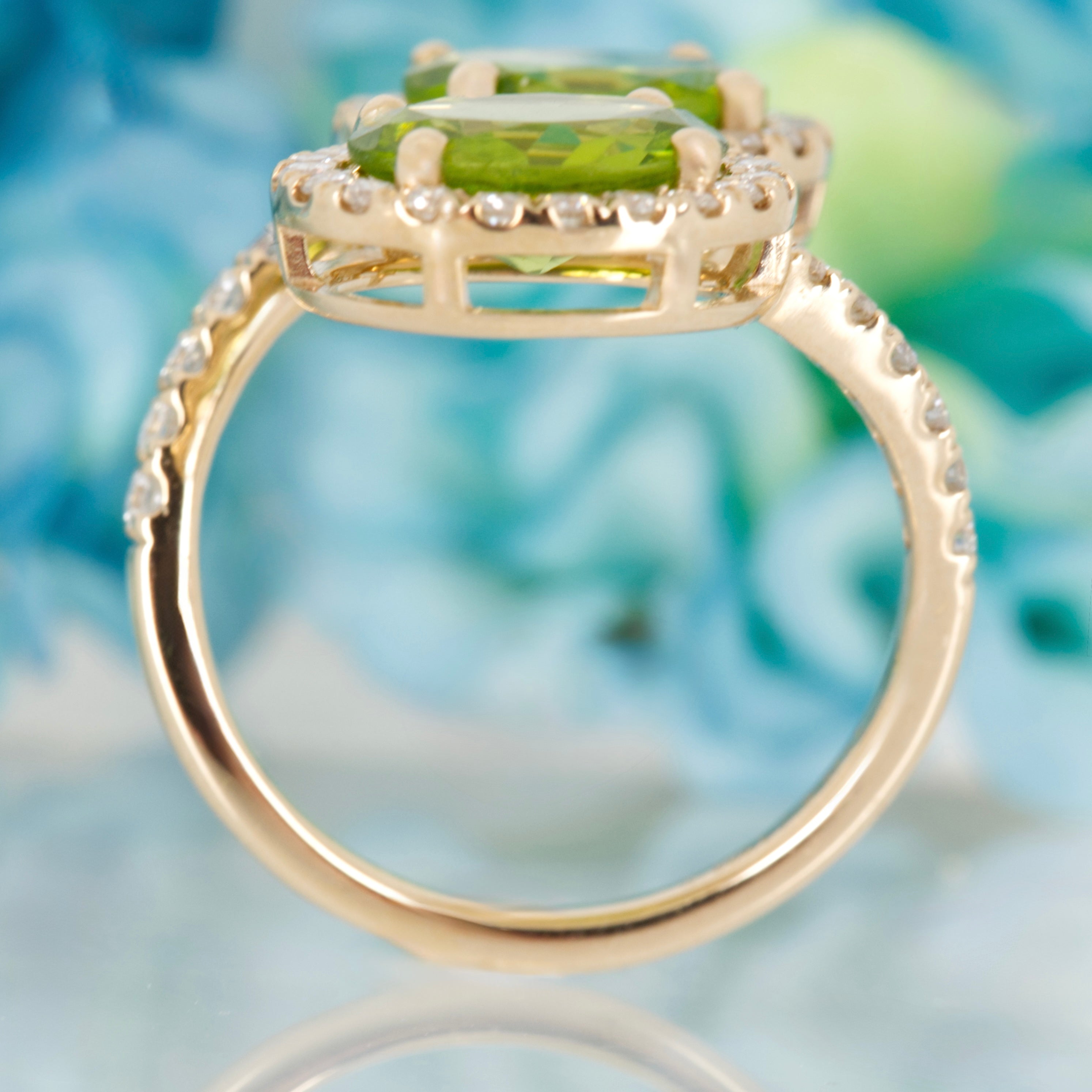 9ct Yellow Gold Oval Cut Peridot & Round Brilliant Cut Diamond Halo Cluster Crossover Ring