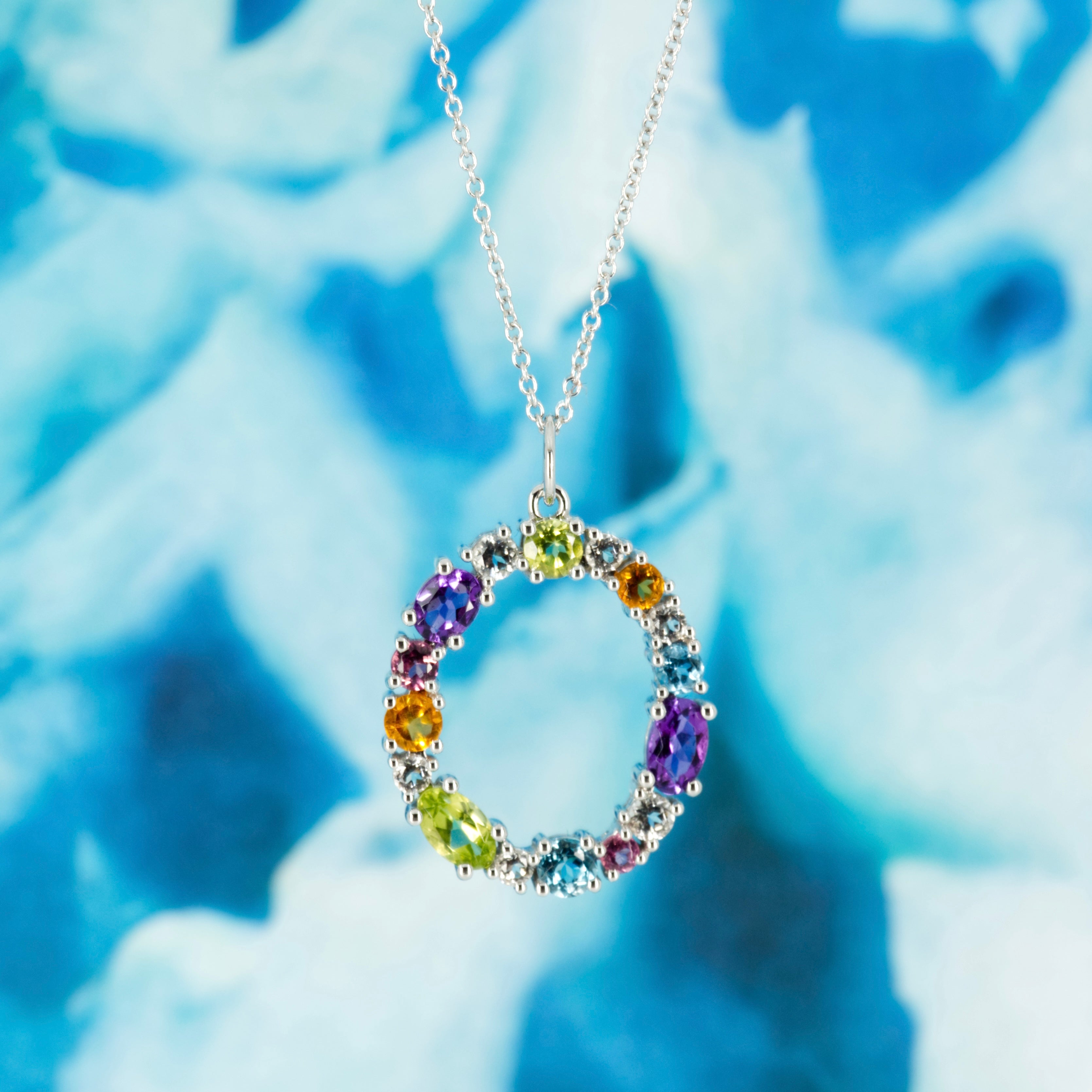 18ct White Gold Multi-Coloured Semi-Precious Stone & Diamond Oval Pendant & Chain