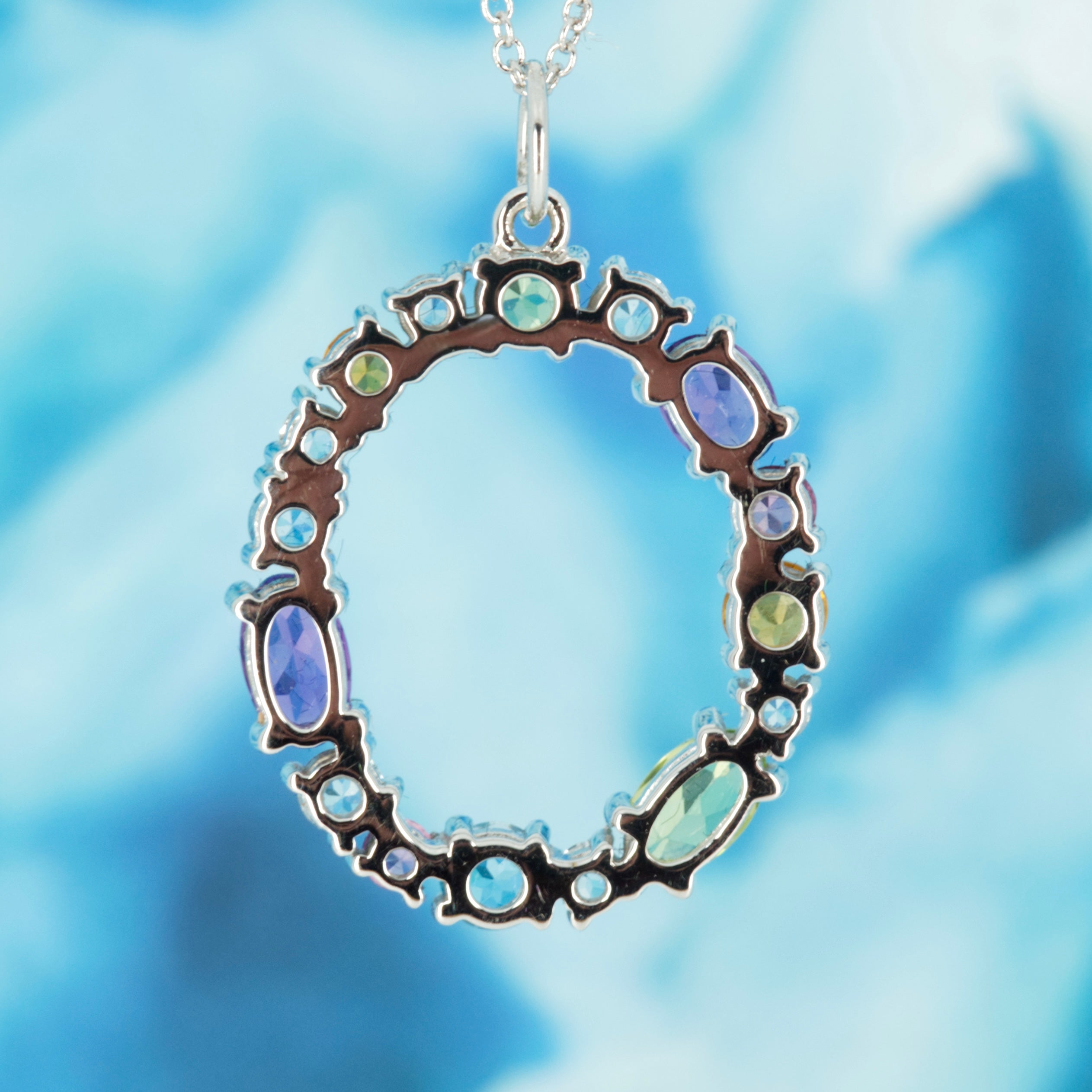 18ct White Gold Multi-Coloured Semi-Precious Stone & Diamond Oval Pendant & Chain