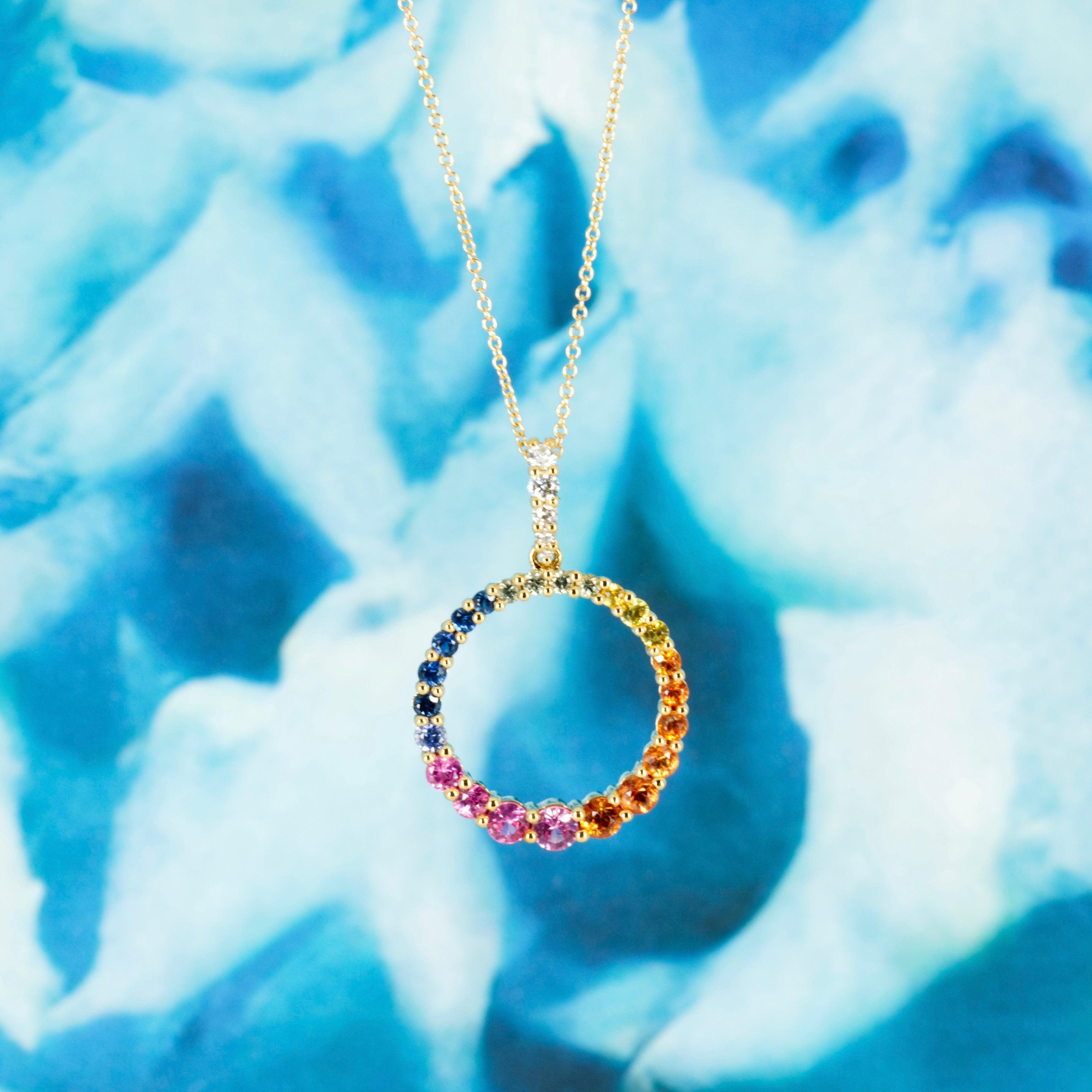 18ct Yellow Gold Round Cut Multi-Coloured Sapphire & Diamond Circle Pendant & Chain