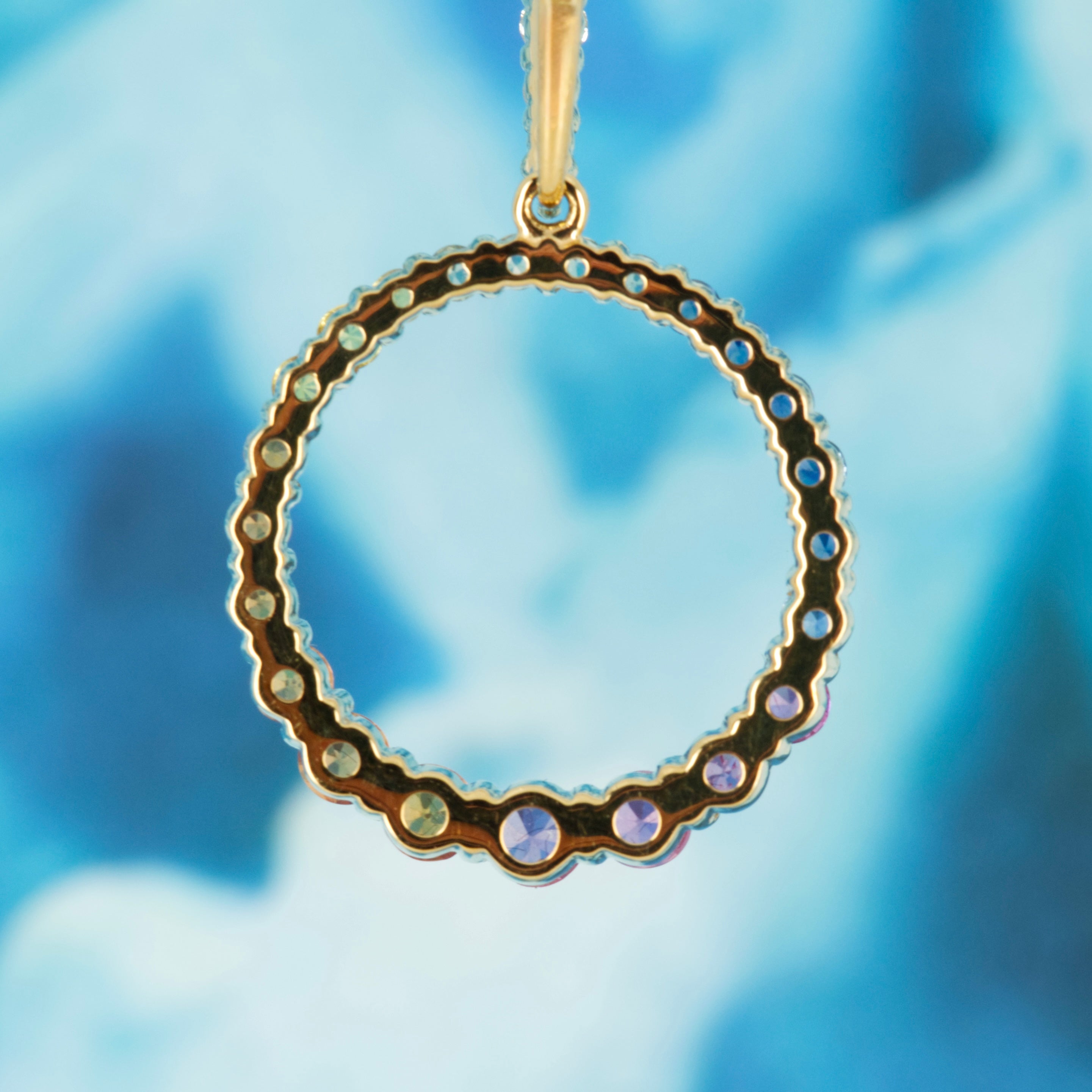18ct Yellow Gold Round Cut Multi-Coloured Sapphire & Diamond Circle Pendant & Chain