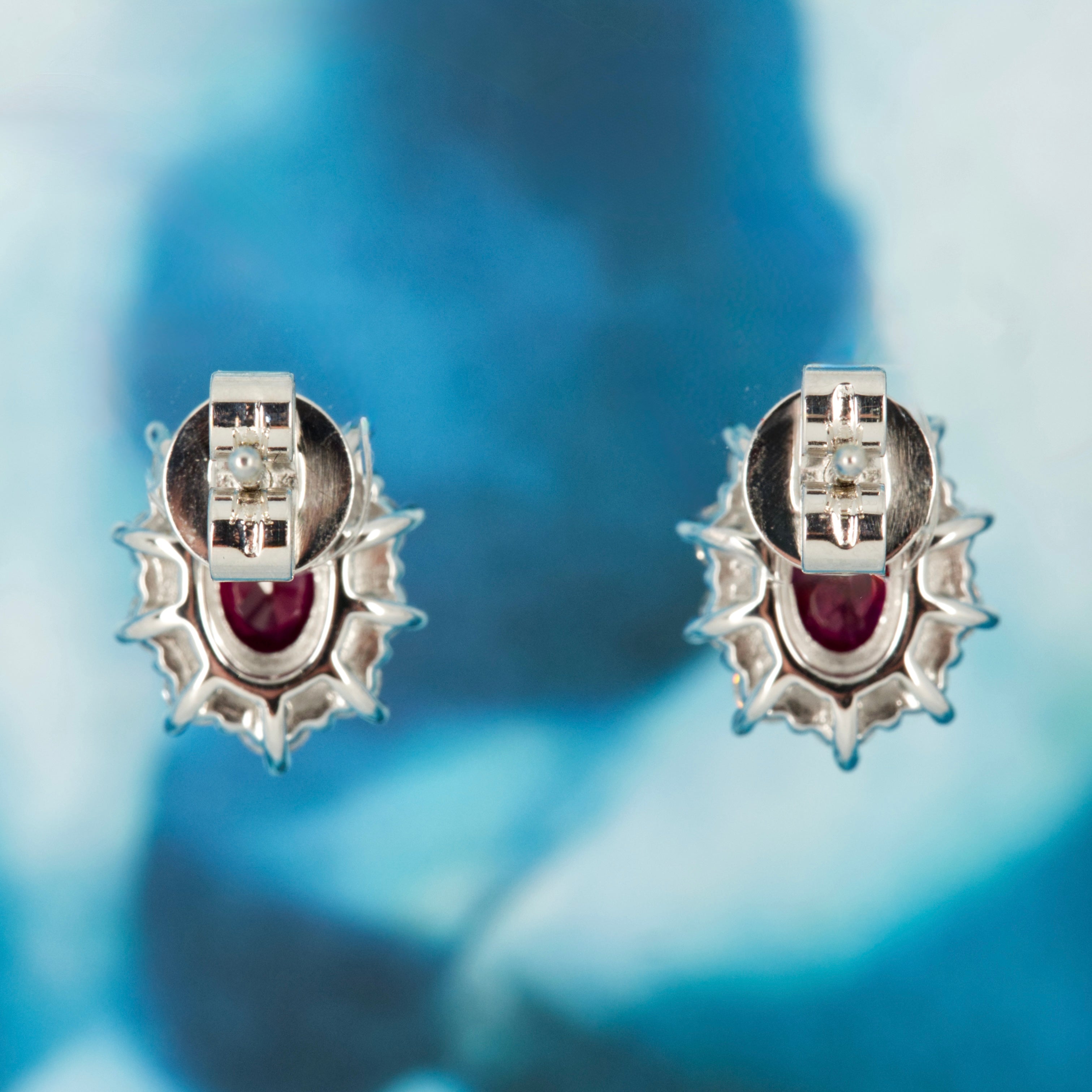18ct White Gold Oval Cut Ruby & Round Brilliant Cut Diamond Cluster Stud Earrings