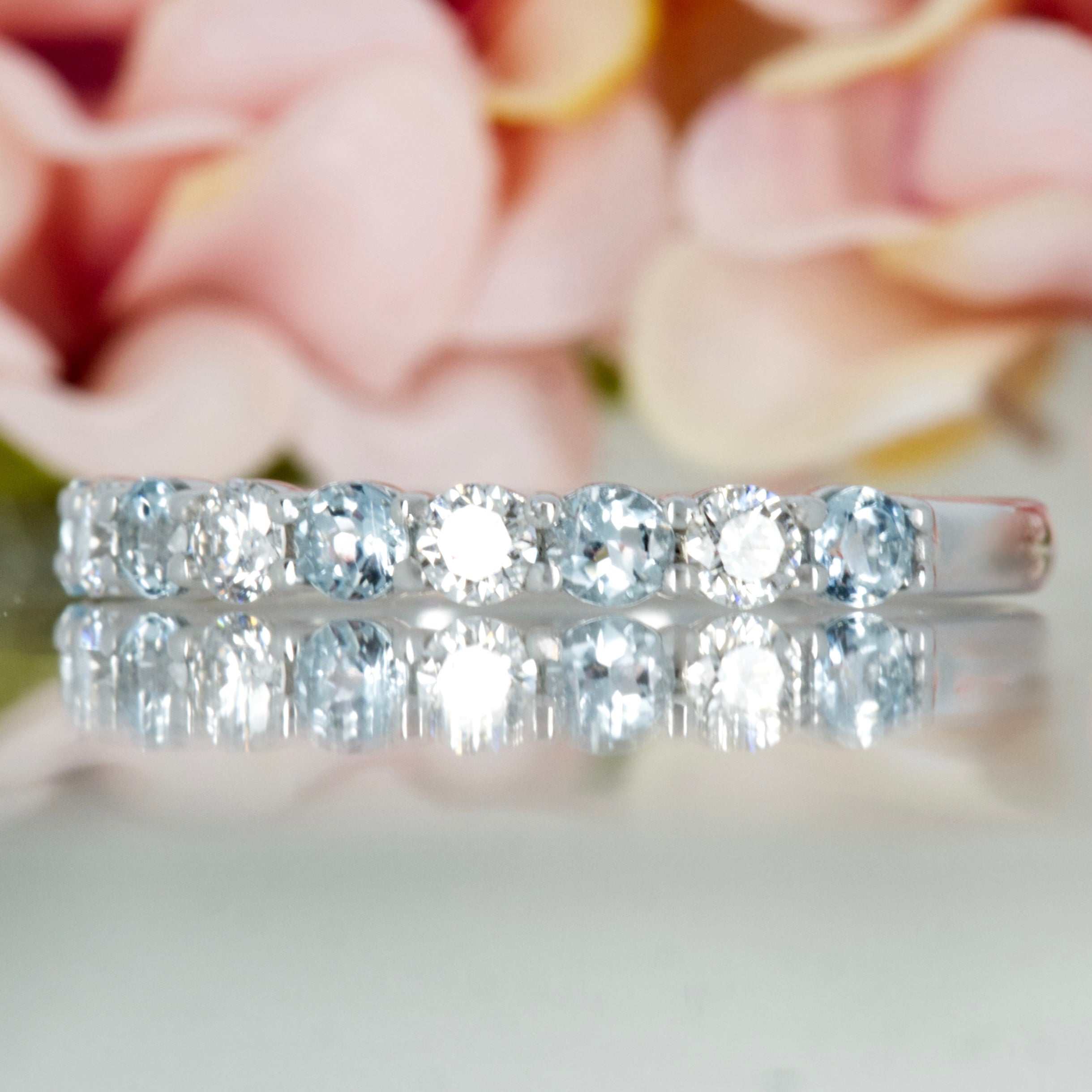 Platinum Round Cut Aquamarine & Round Brilliant Cut Diamond Claw Set Half Eternity Ring