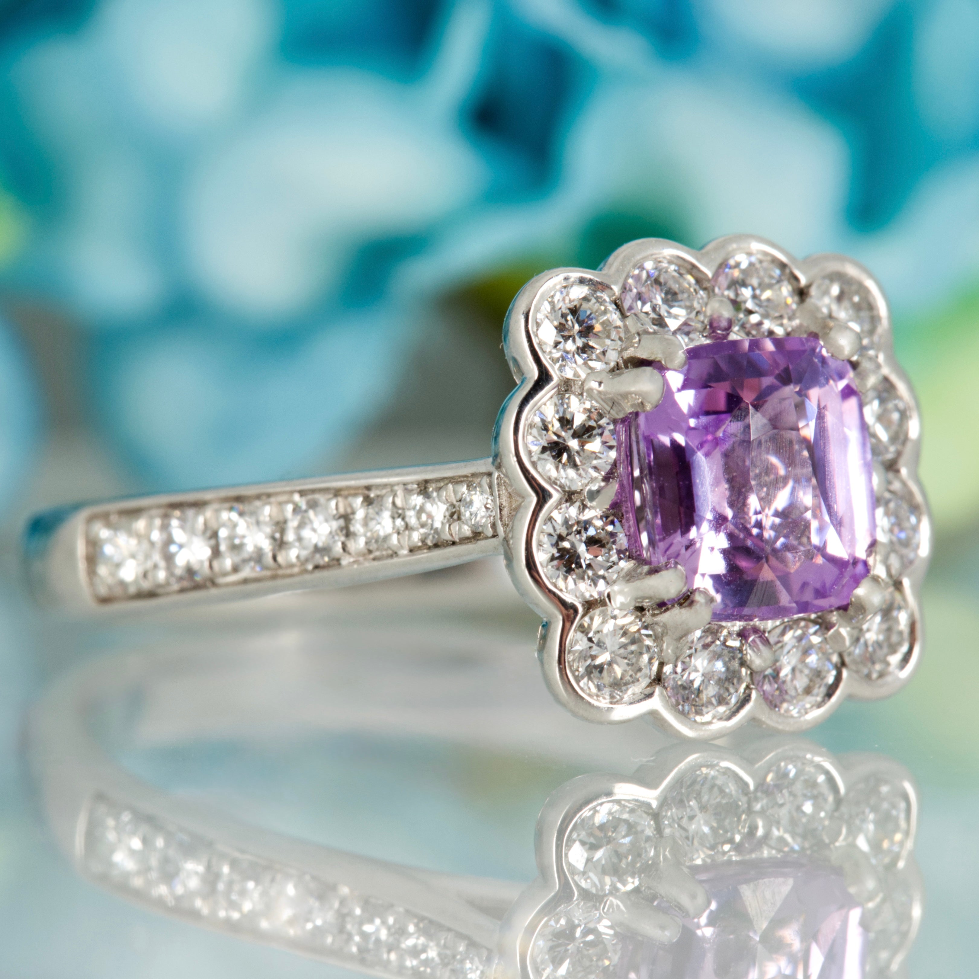 Platinum Cushion Cut Lilac Sapphire & Round Brilliant Cut Diamond Cluster Ring