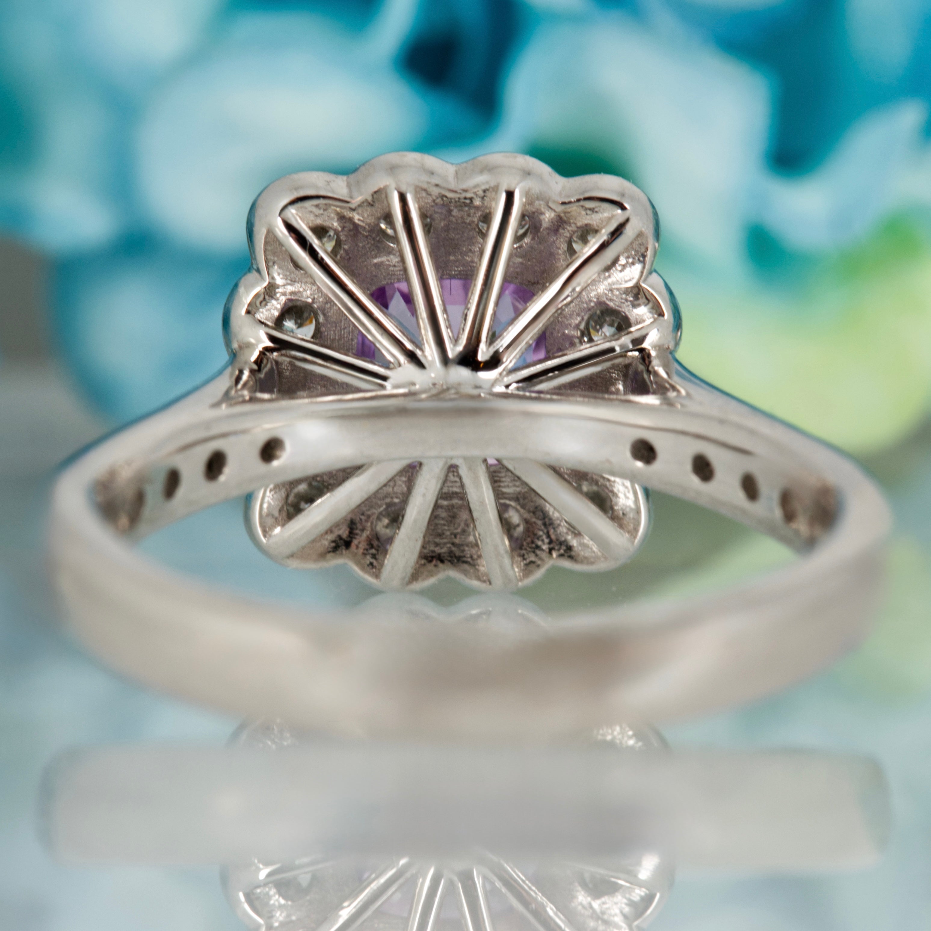 Platinum Cushion Cut Lilac Sapphire & Round Brilliant Cut Diamond Cluster Ring