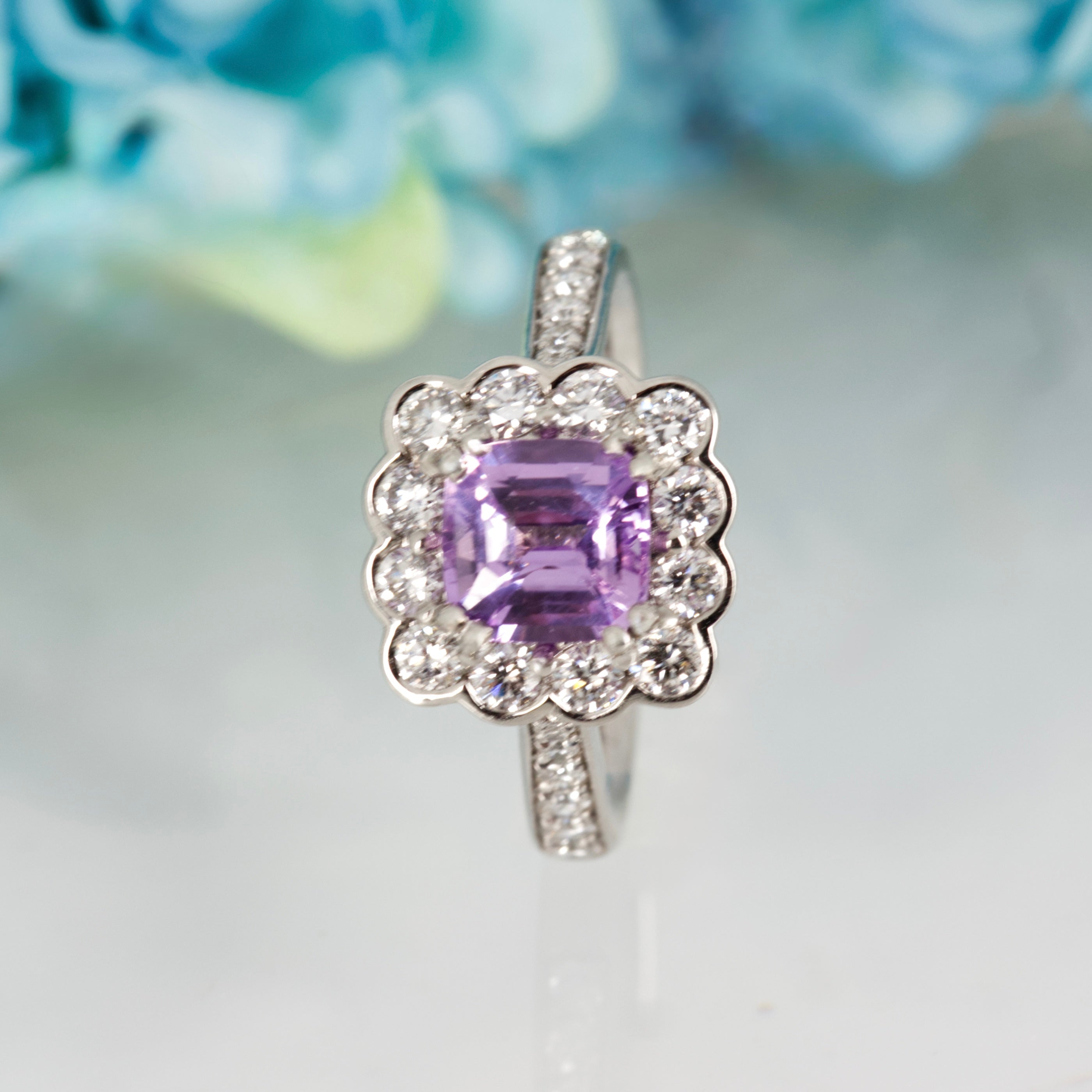 Platinum Cushion Cut Lilac Sapphire & Round Brilliant Cut Diamond Cluster Ring
