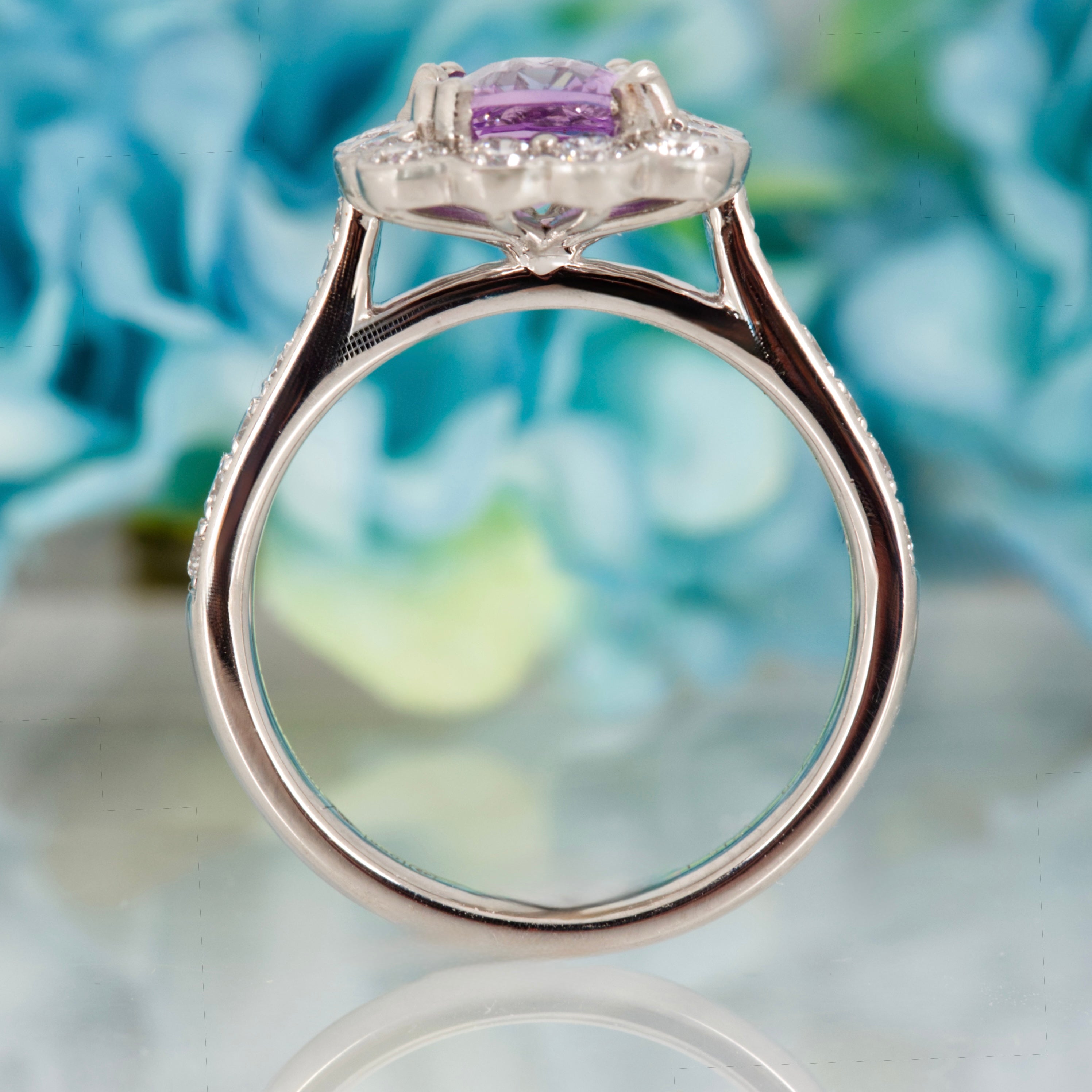 Platinum Cushion Cut Lilac Sapphire & Round Brilliant Cut Diamond Cluster Ring