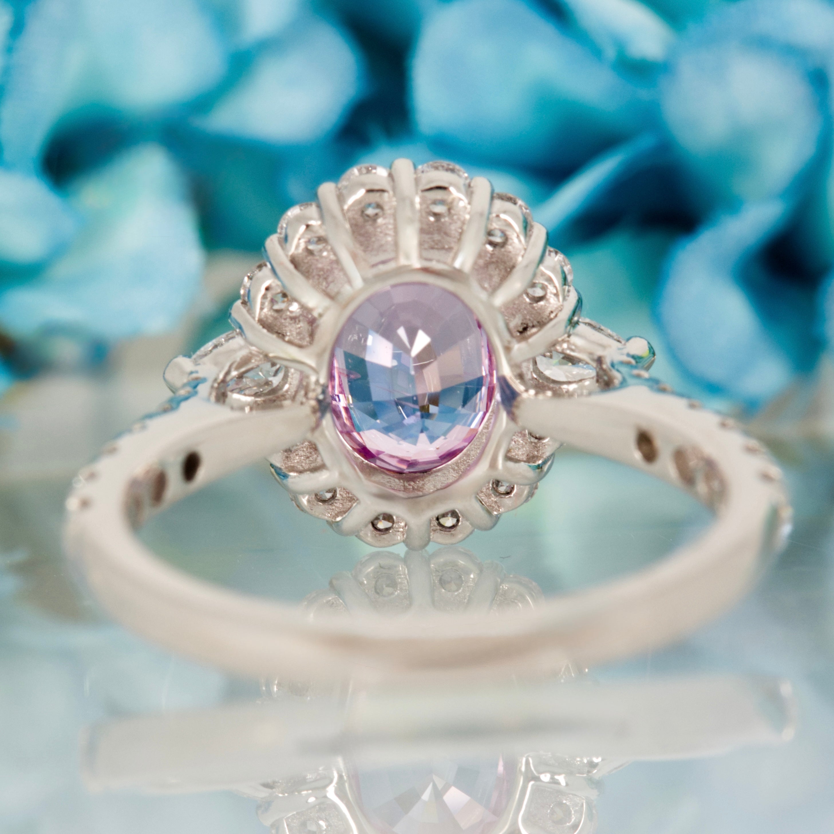 Platinum Oval Cut Pink Sapphire & Pear and Round Brilliant Cut Diamond Cluster Ring