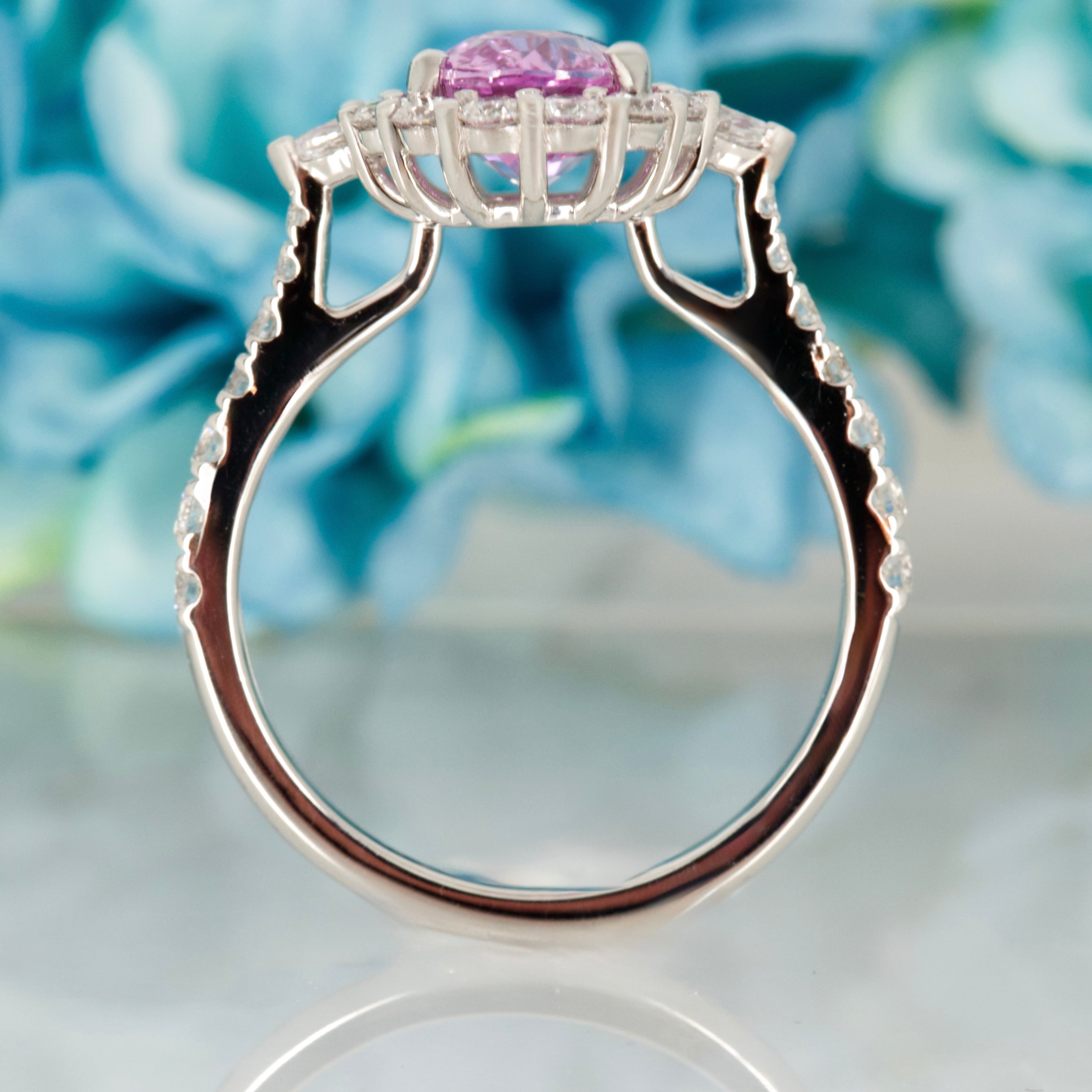 Platinum Oval Cut Pink Sapphire & Pear and Round Brilliant Cut Diamond Cluster Ring