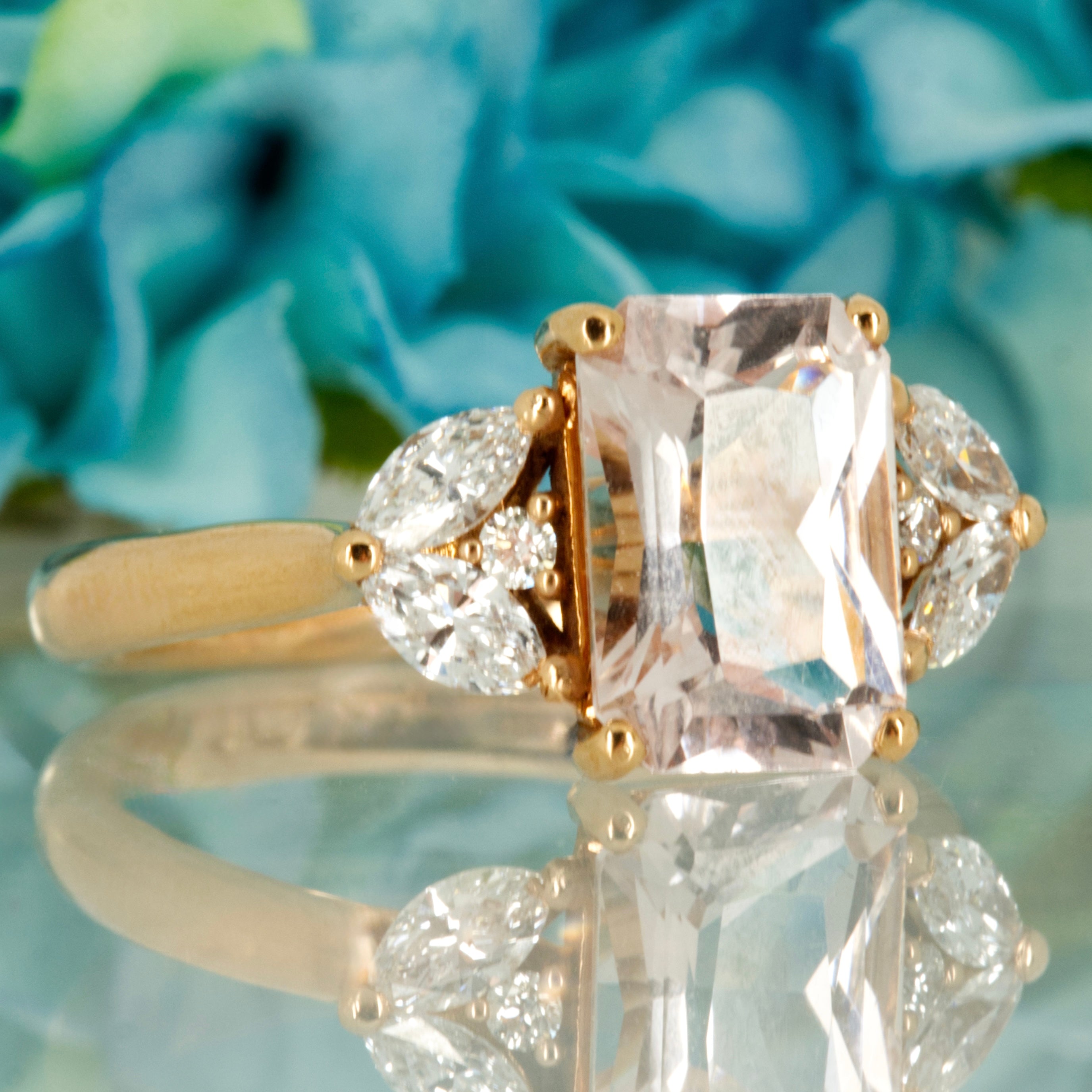 18ct Rose Gold Octagonal Cut Morganite & Marquise & Round Brilliant Cut Diamond Ring