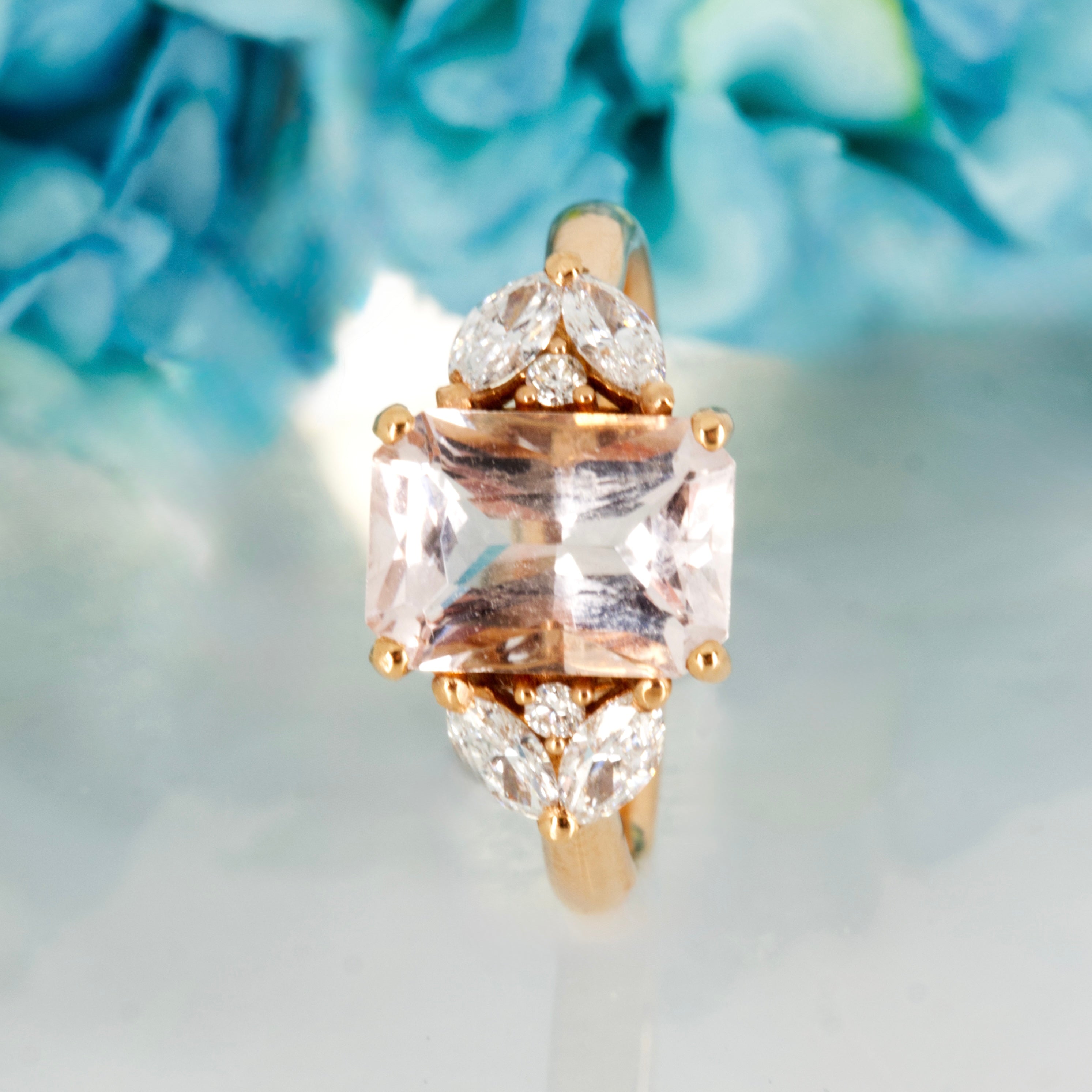18ct Rose Gold Octagonal Cut Morganite & Marquise & Round Brilliant Cut Diamond Ring