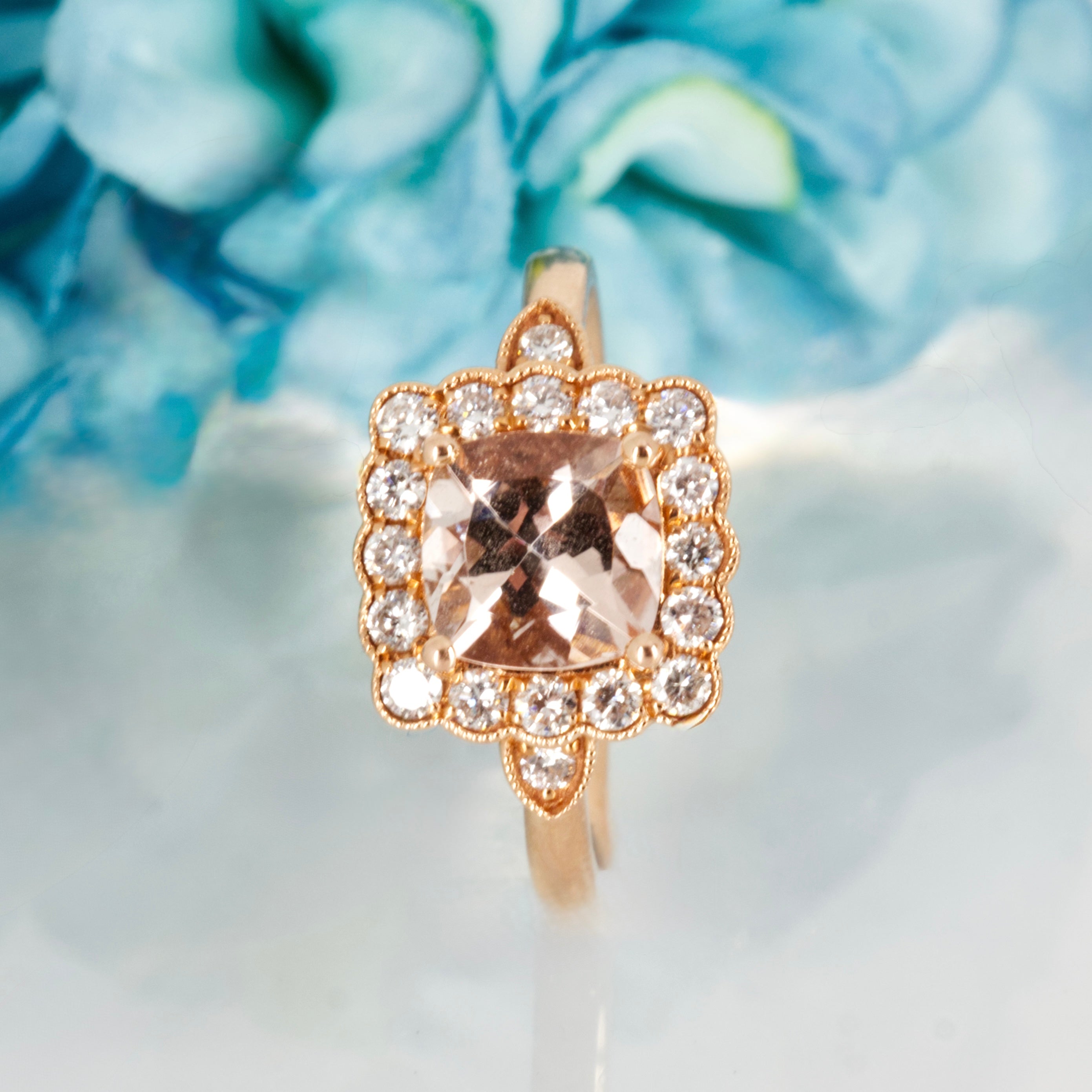 18ct Rose Gold Cushion Cut Morganite & Round Brilliant Cut Diamond Cluster Ring