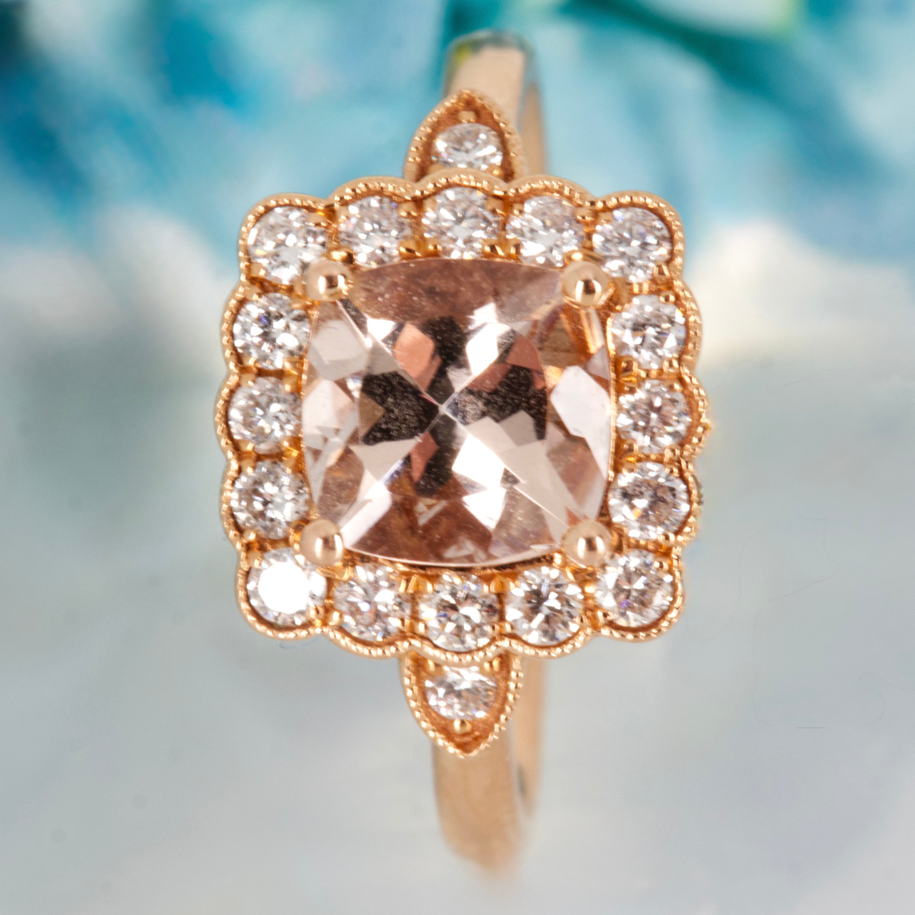 18ct Rose Gold Cushion Cut Morganite & Round Brilliant Cut Diamond Cluster Ring