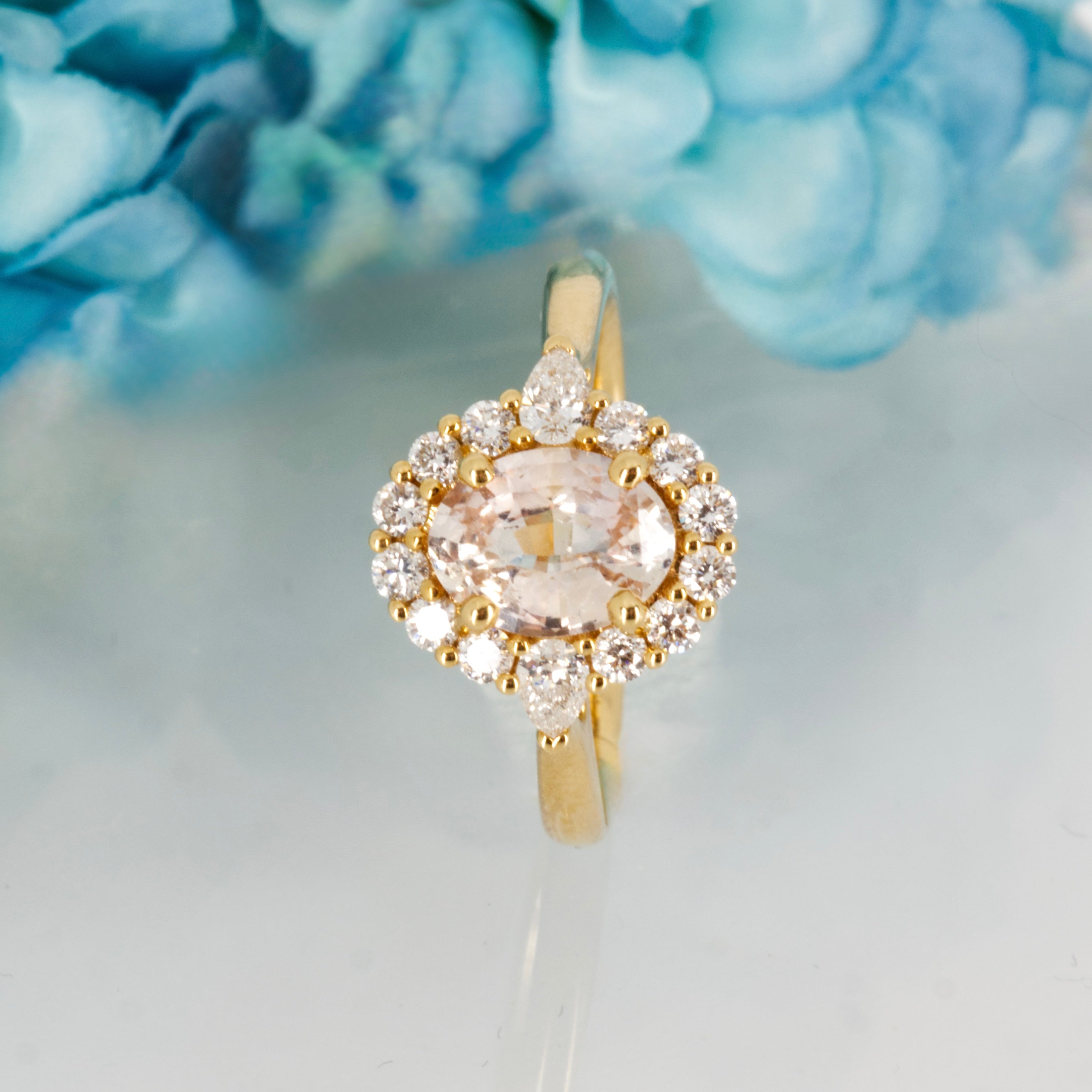 18ct Yellow Gold Oval Cut Peach Sapphire & Pear & Round Brilliant Cut Diamond Cluster Ring