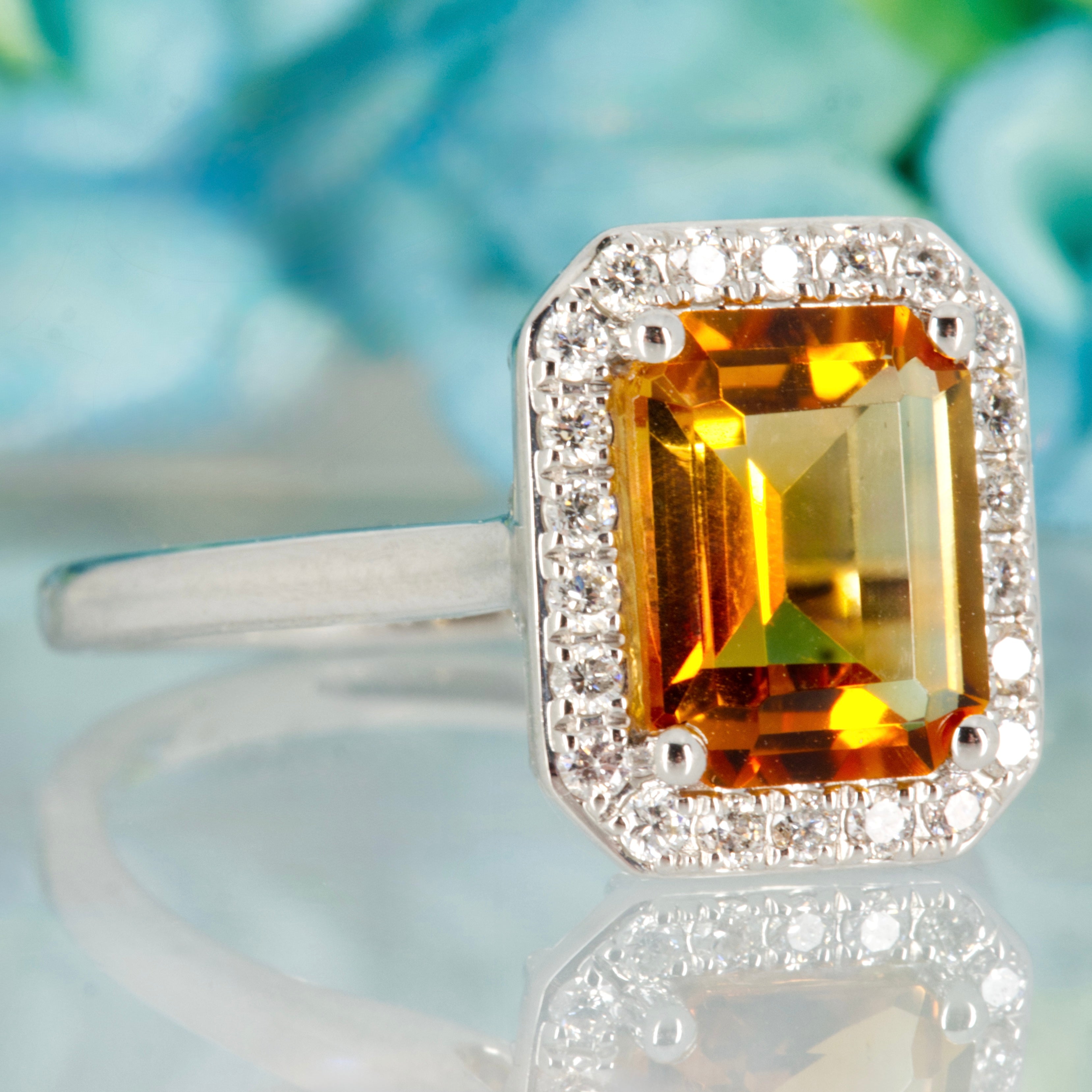 9ct White Gold Octagonal Cut Citrine & Round Brilliant Cut Diamond Halo Cluster Ring