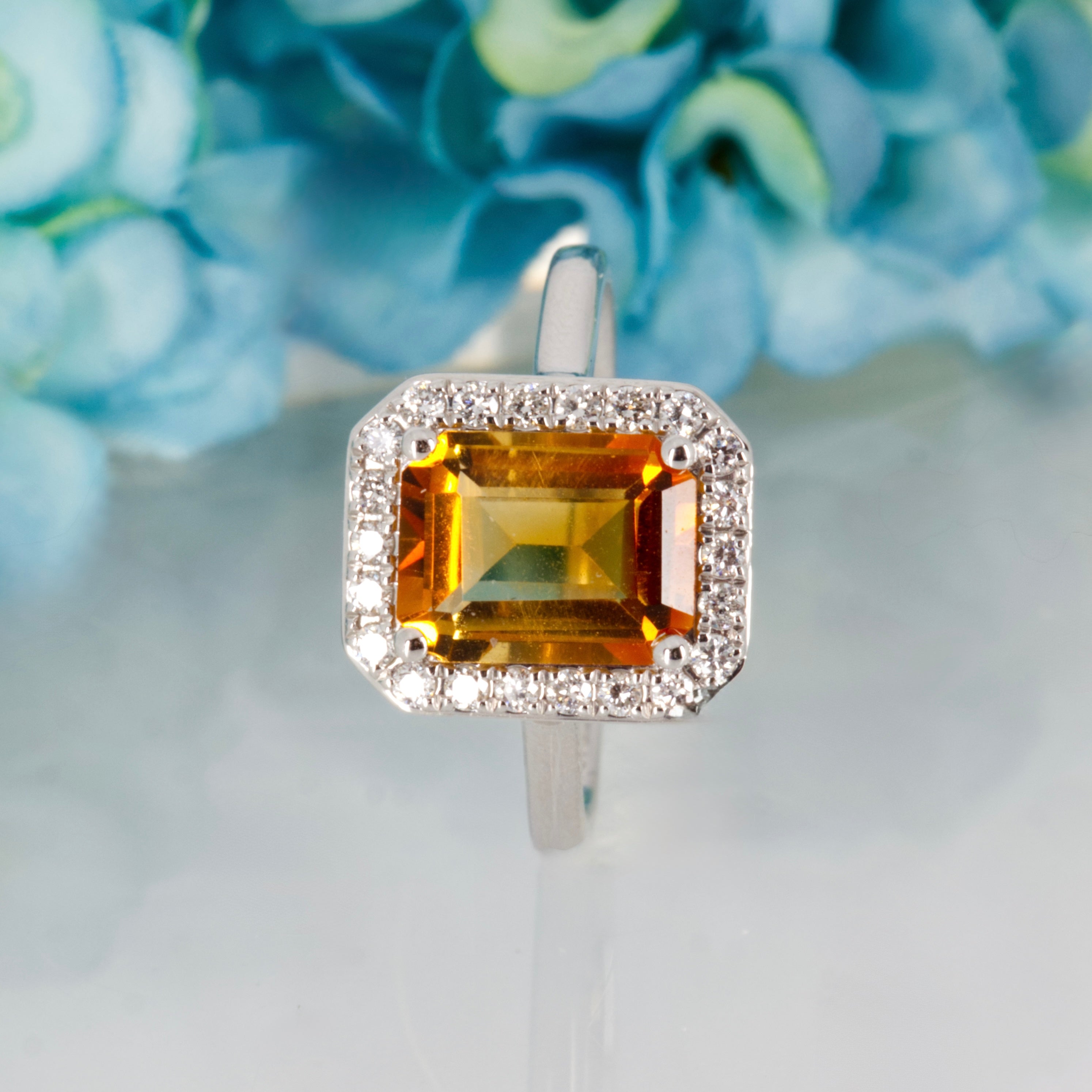 9ct White Gold Octagonal Cut Citrine & Round Brilliant Cut Diamond Halo Cluster Ring