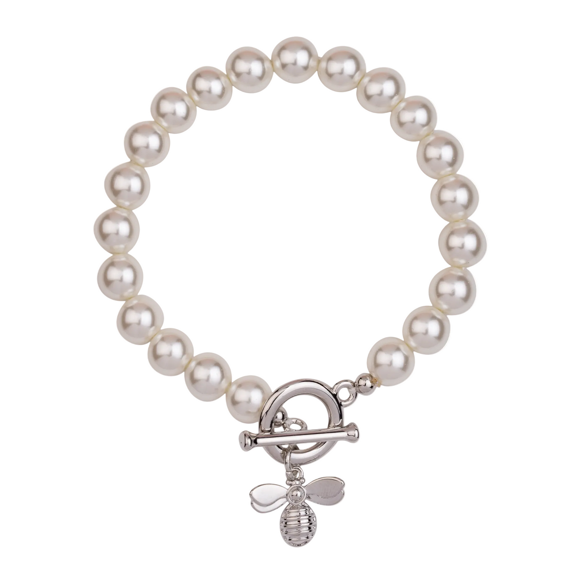 Rhodium Plated Mother-of-Pearl Beaded Bracelet with Bee Charm