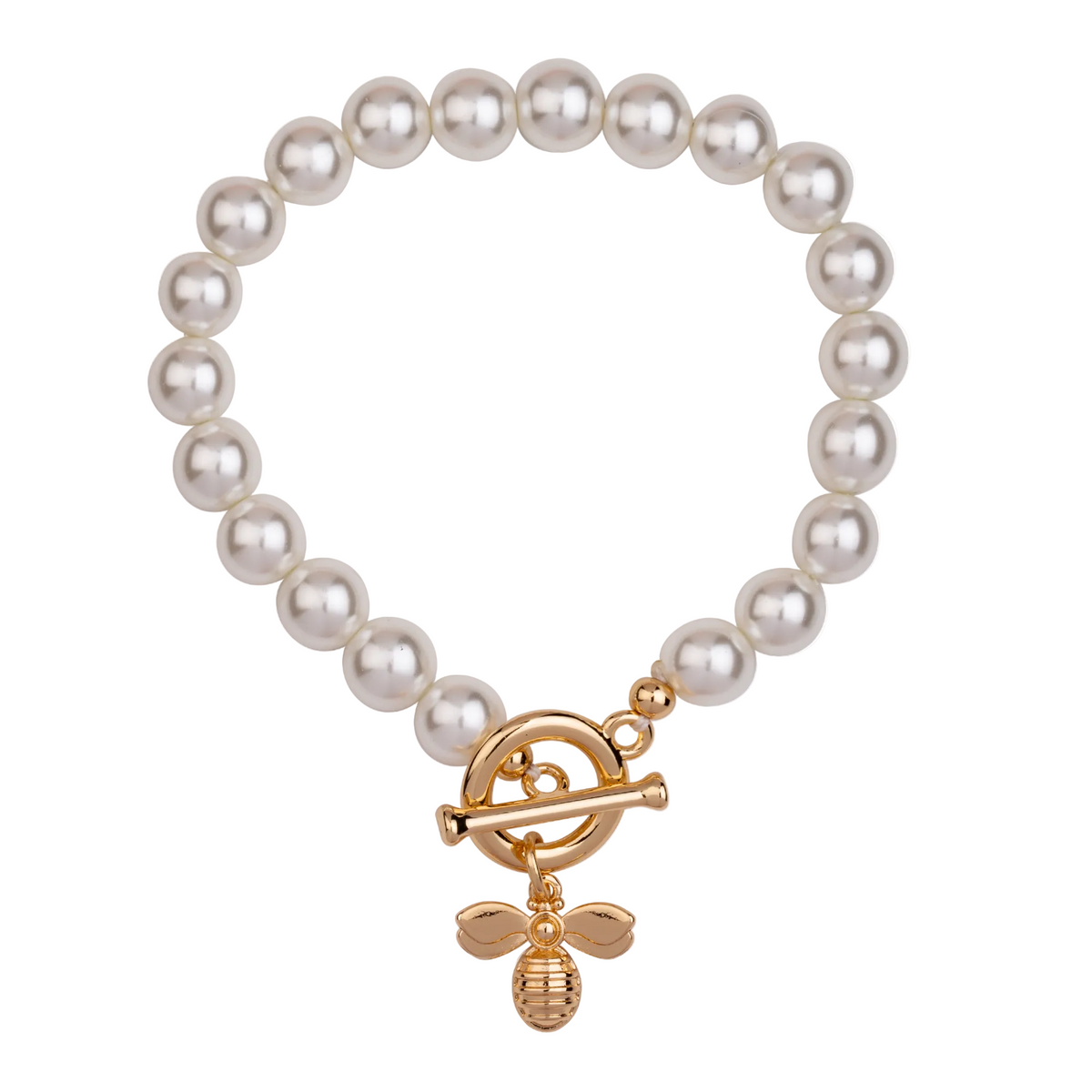 Gold Plated Mother-Of-Pearl Beaded Bracelet with Bee Charm