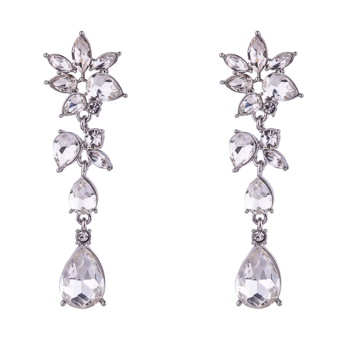 Rhodium Plated Cubic Zirconia Set Floral Drop Earrings