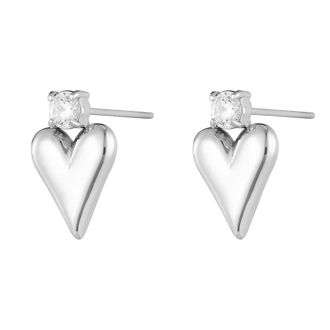 Rhodium Plated Heart & Cubic Zirconia Set Drop Earrings