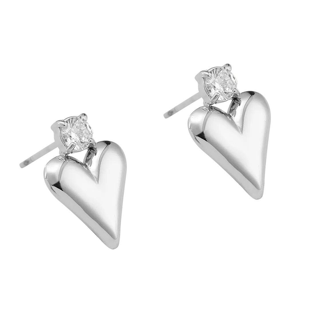 Rhodium Plated Heart & Cubic Zirconia Set Drop Earrings