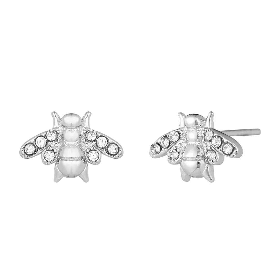 Rhodium Plated Cubic Zirconia Set Bee Stud Earrings