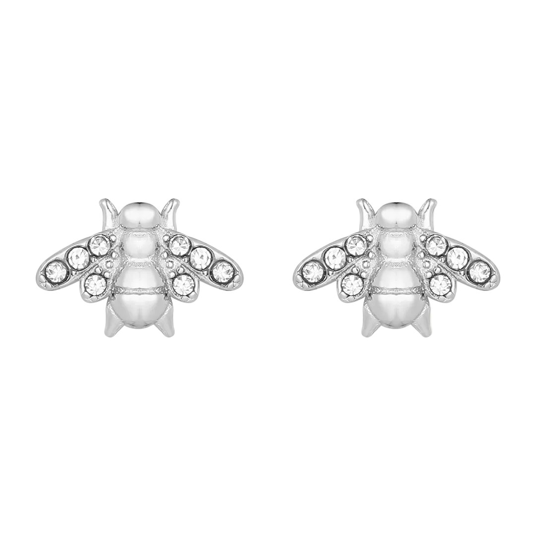 Rhodium Plated Cubic Zirconia Set Bee Stud Earrings