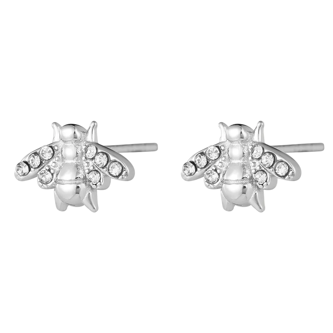 Rhodium Plated Cubic Zirconia Set Bee Stud Earrings