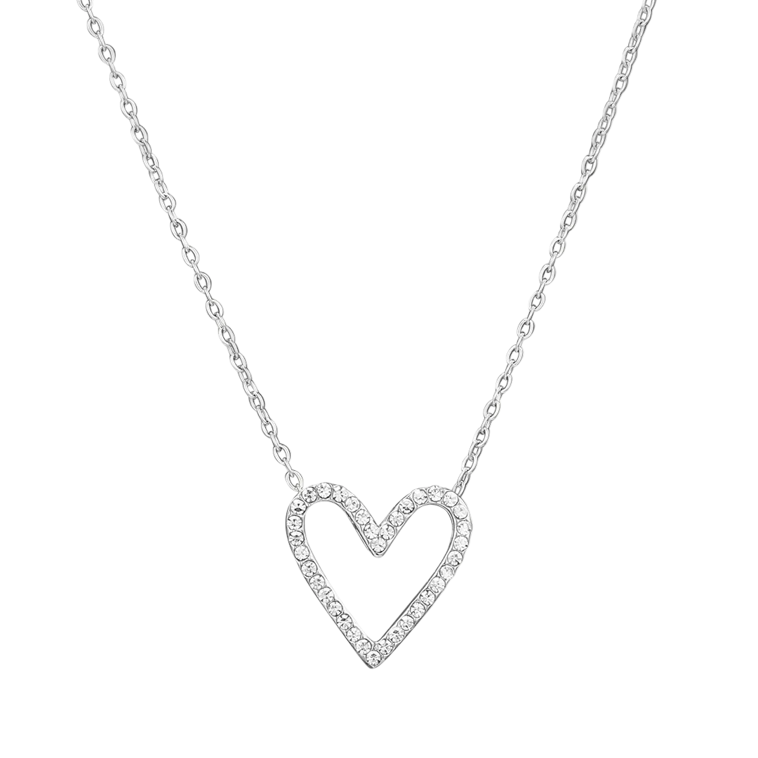 Rhodium Plated Cubic Zirconia Set Open Heart Pendant & Chain