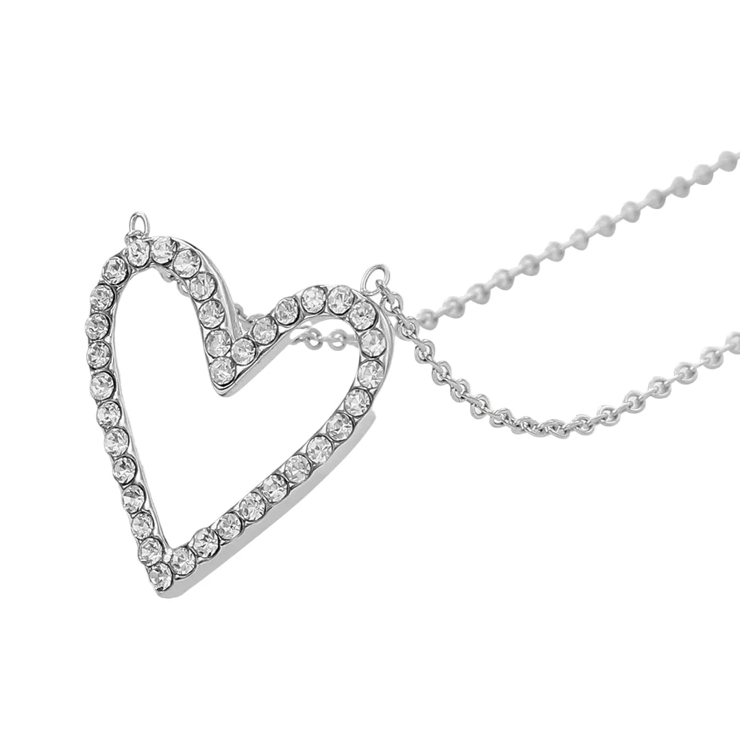 Rhodium Plated Cubic Zirconia Set Open Heart Pendant & Chain