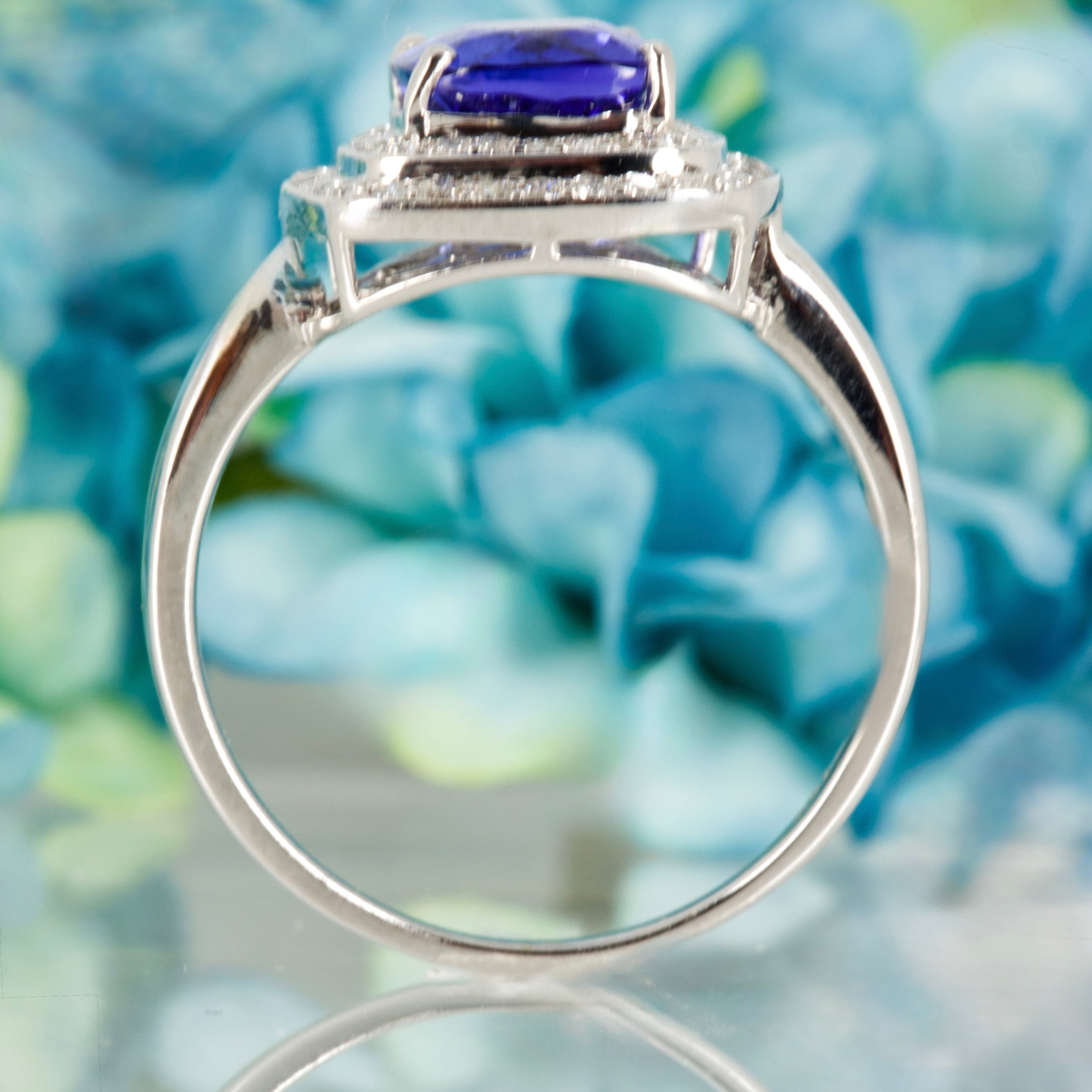 Pre-Loved 18ct White Gold Cushion Cut Tanzanite & Round Brilliant Cut Diamond Double Halo Cluster Ring
