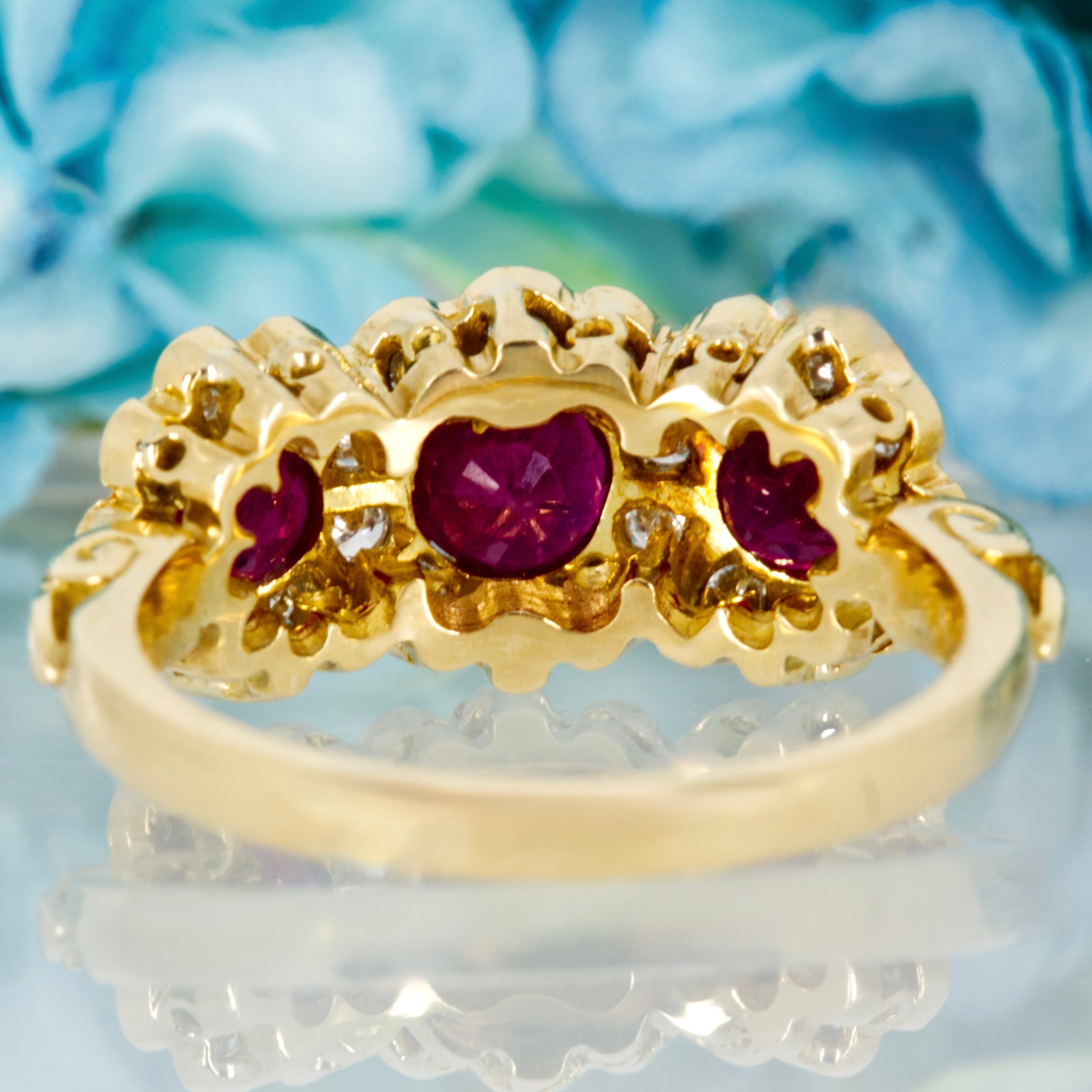 Pre-Loved 18ct Yellow Gold Round Cut Ruby & Round Brilliant Cut Diamond Triple Cluster Ring