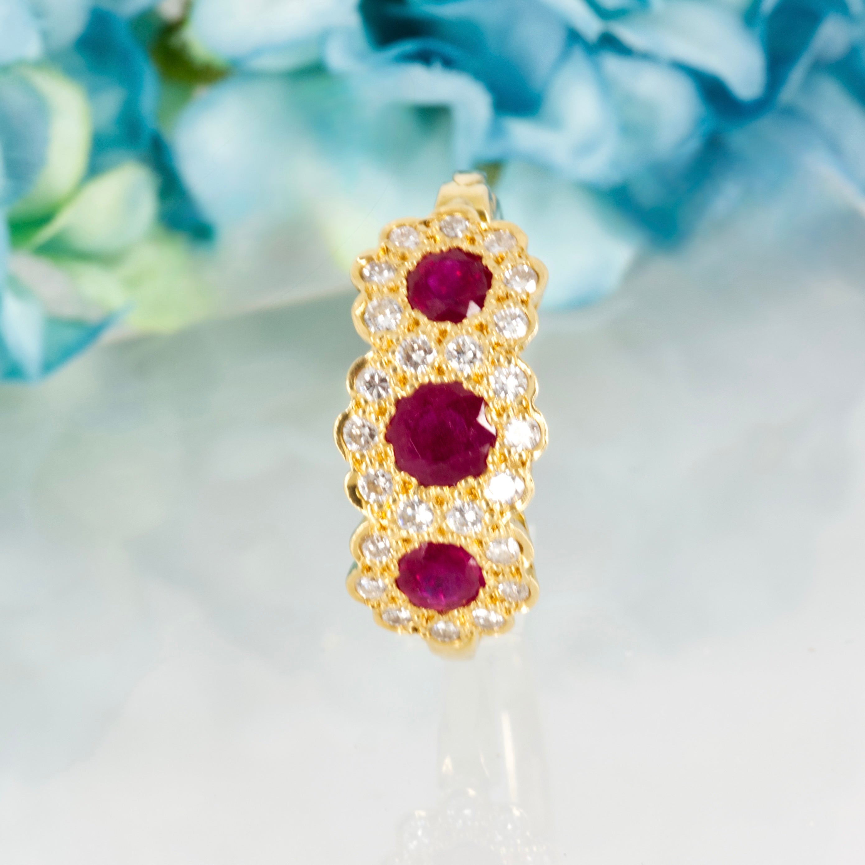 Pre-Loved 18ct Yellow Gold Round Cut Ruby & Round Brilliant Cut Diamond Triple Cluster Ring