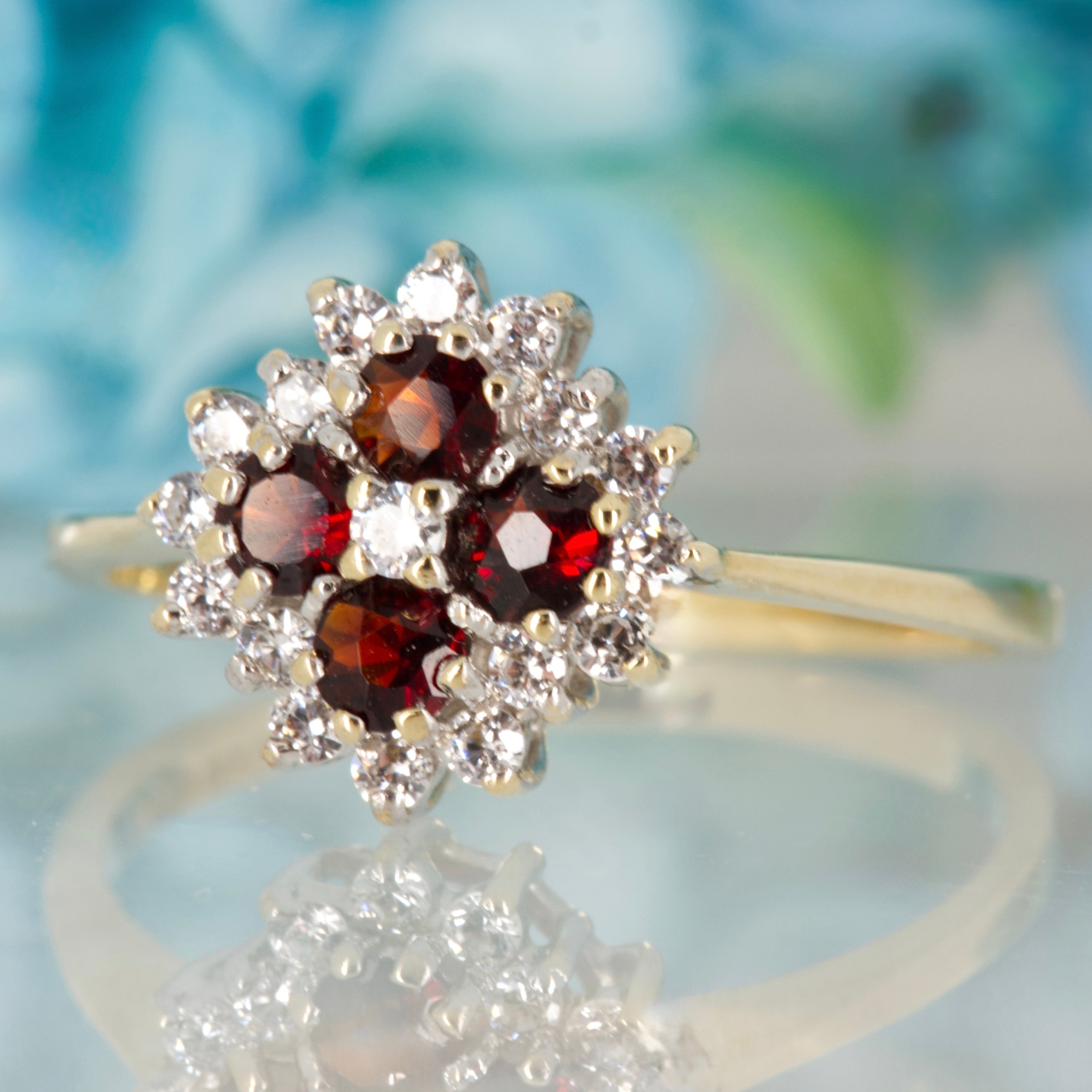 Pre-Loved 9ct Yellow Gold Red & White Cubic Zirconia Cluster Ring