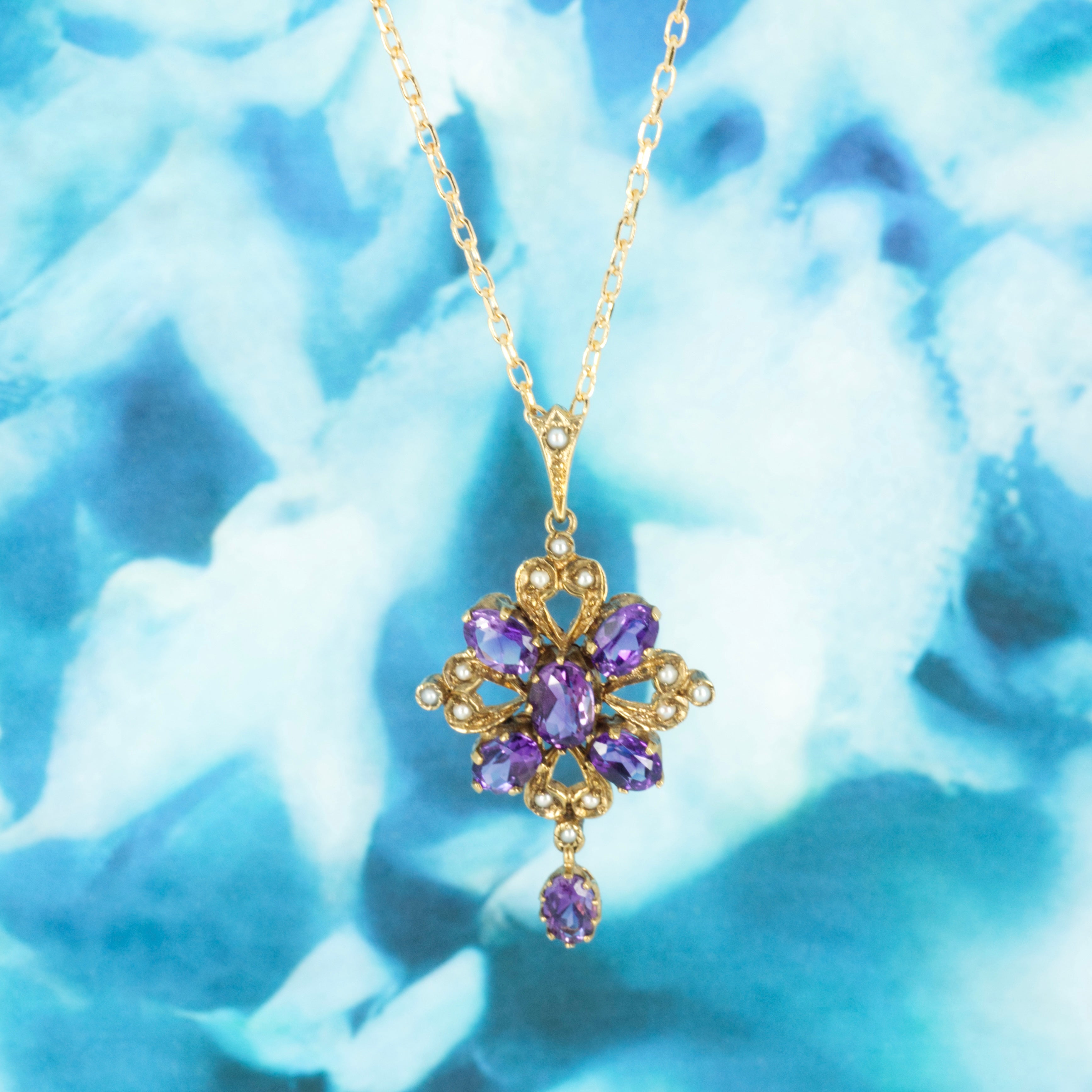 Pre-Loved 9ct Yellow Gold Amethyst & Pearl Set Pendant & Chain
