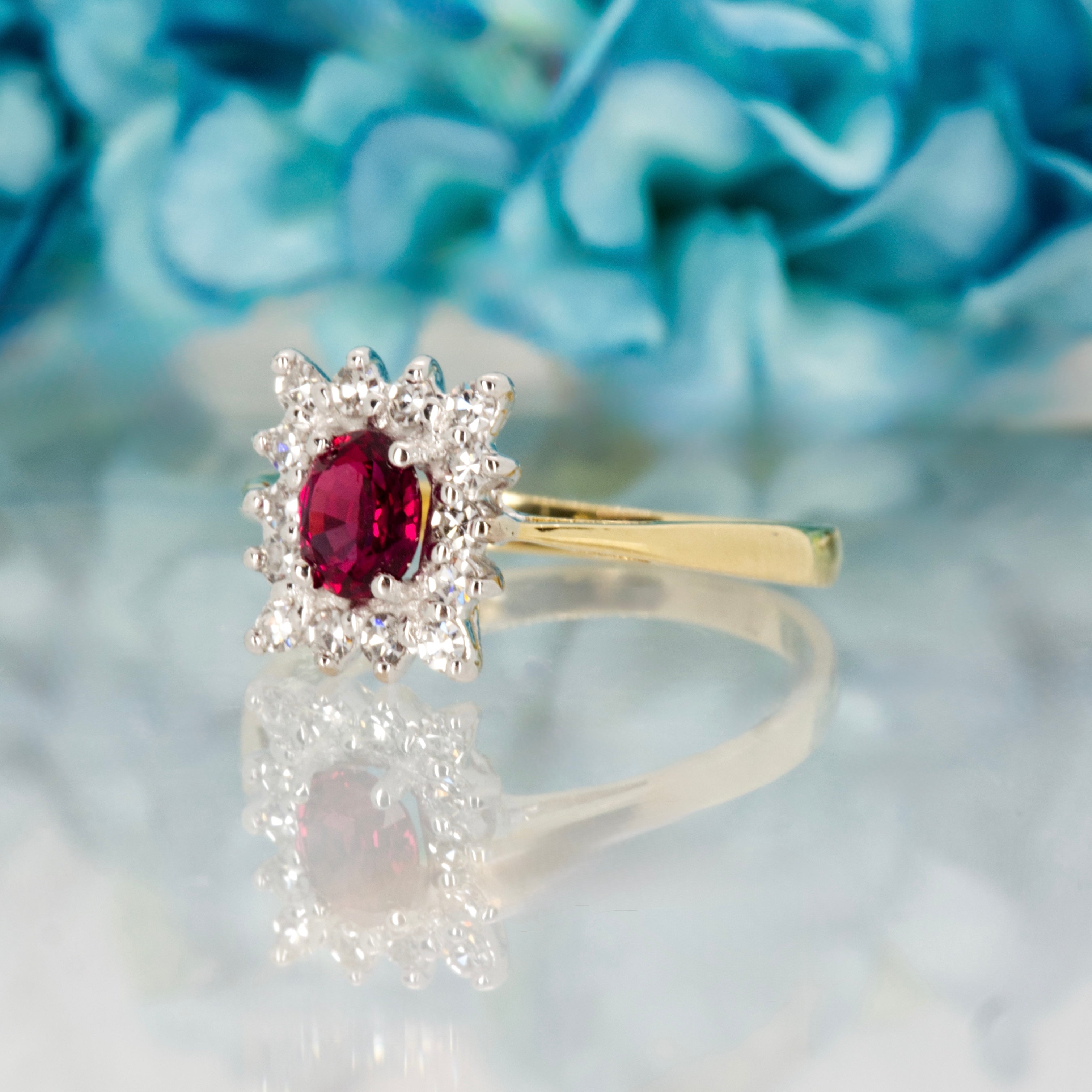 Pre-Loved 18ct Yellow Gold Oval Cut Ruby & Round Brilliant Cut Diamond Rectangular Cluster Ring