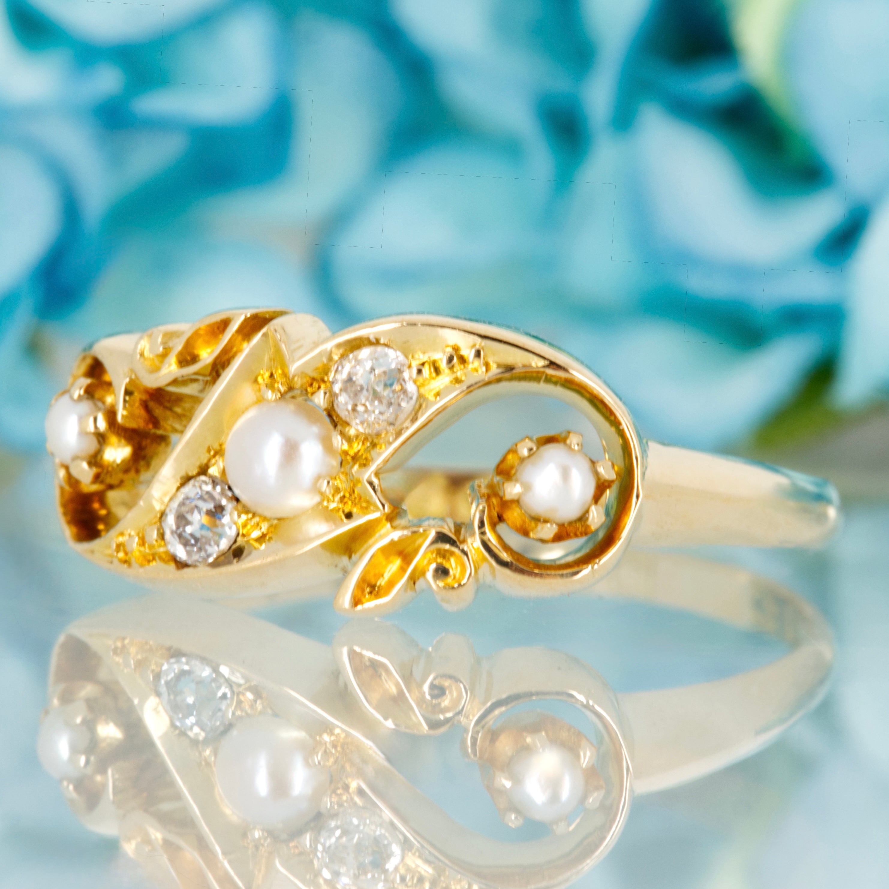 Antique 18ct Yellow Gold Pearl & Round Cut Diamond Dress Ring, hallmarked Chester 1903